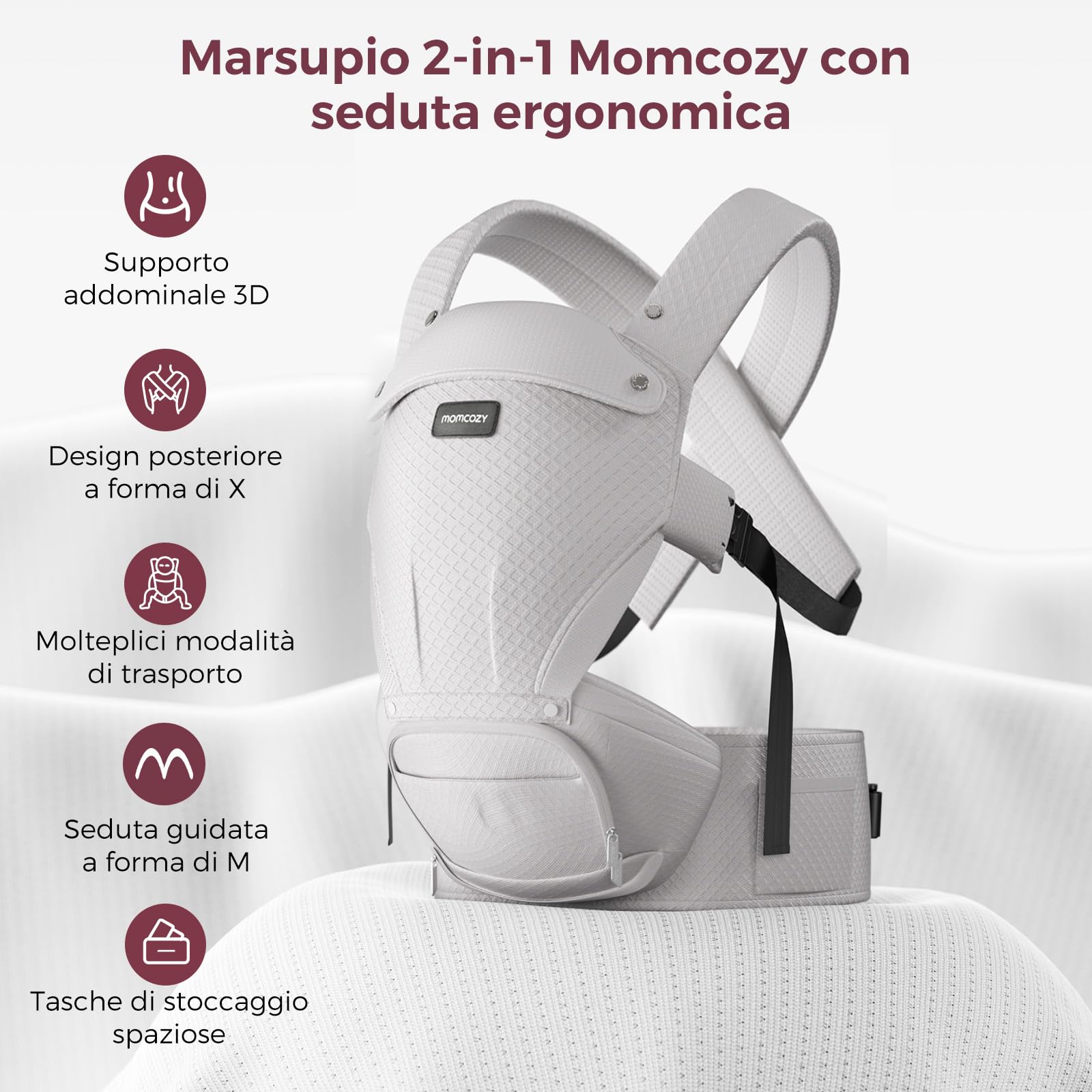 Momcozy Marsupio Neonato con Sede Anca 2 in 1, Portabebè Fronte Strada a Mani Libere fino a 20 kg, Marsupio Bambino 4 Stagioni con Cintura Regolabile fino a 115 cm,Grigio Air Mesh - 3