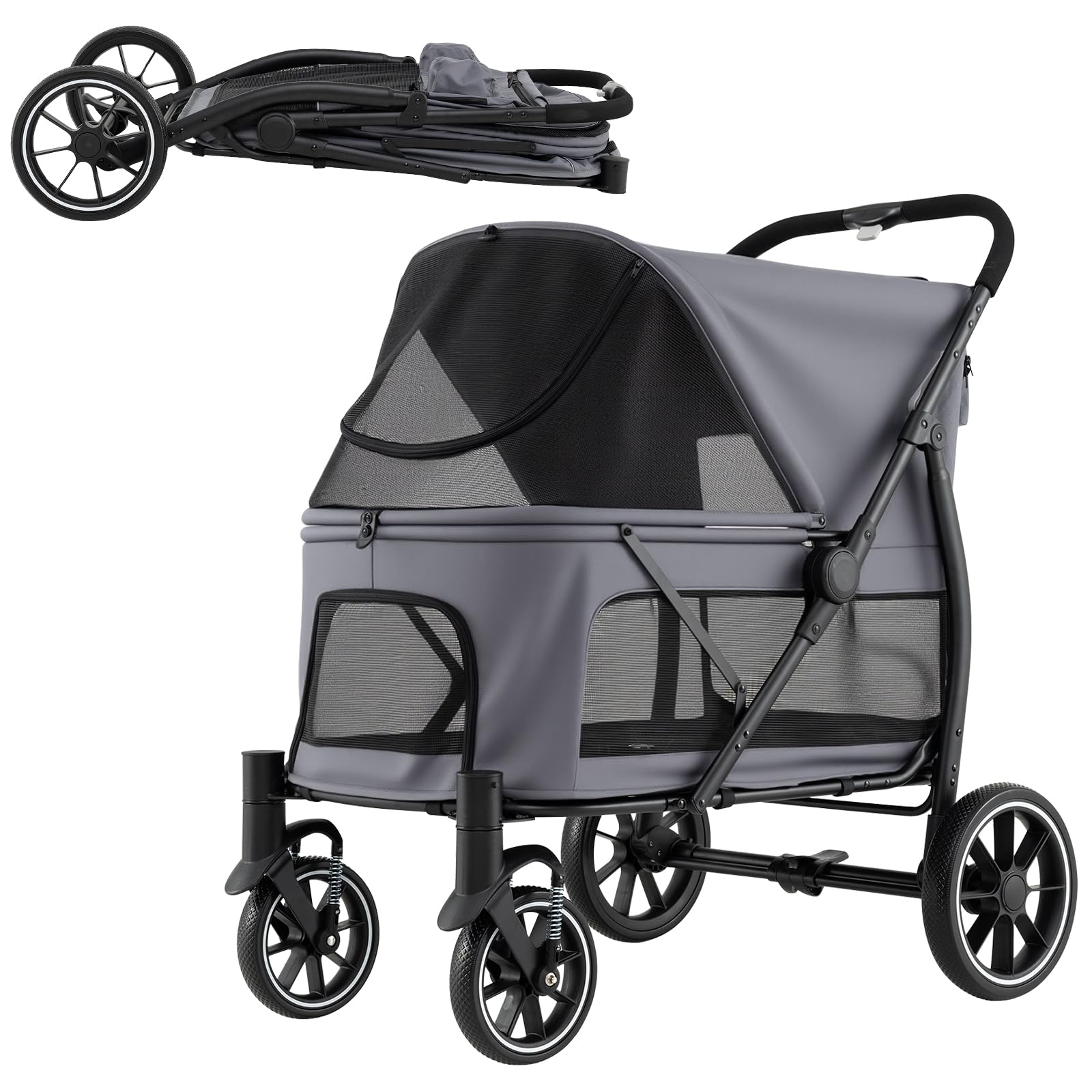 COSTWAY Carrito para Perros Plegable Grande, Cochecito para Mascotas con Ruedas, Toldo Ajustable de Malla, Bolsillos de Almacenamiento y Cinturón de Seguridad, Carga 40 kg, 96 x 71 x 102.5 cm (Gris)