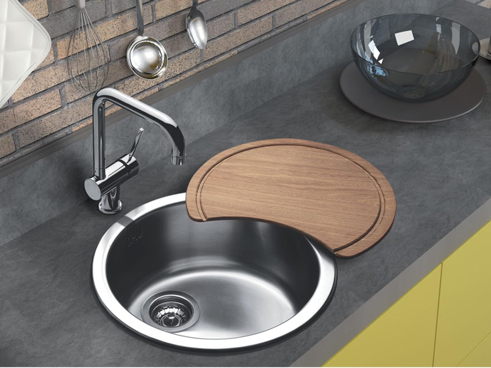 Lavello Cucina Circum CIVIIBC, Tondo Inox Spazzolato, Ø 43,5 cm, Altezza 20 cm, Incasso made in Italy