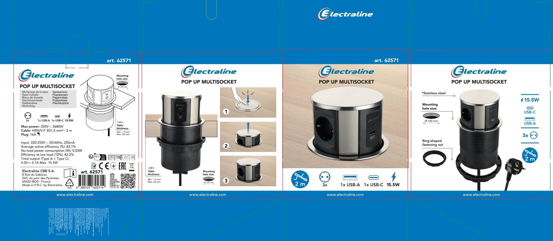 Electraline 62571 Presa multipla retrattile/da tavolo/ a 3 vie (2 USB 3.1A: 1 tipo A+1 tipo C 15,5 W, cavo da 2 m), integrata per presa multipla da piano di lavoro, D 120 mm