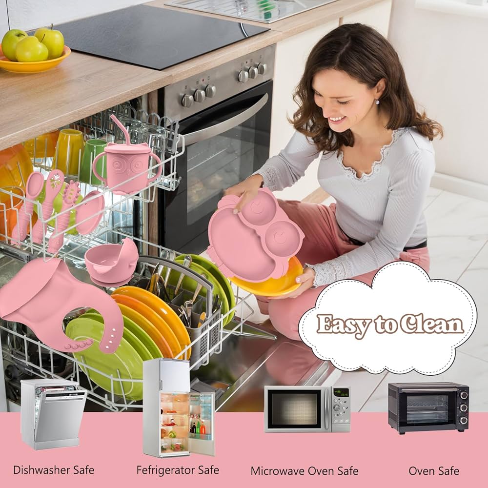 Set Svezzamento Bambini Bwaliffury 9 Pezzi - Piatti Con Ventosa, Cucchiaio, Bavaglino In Silicone Alimentare - Foto 6