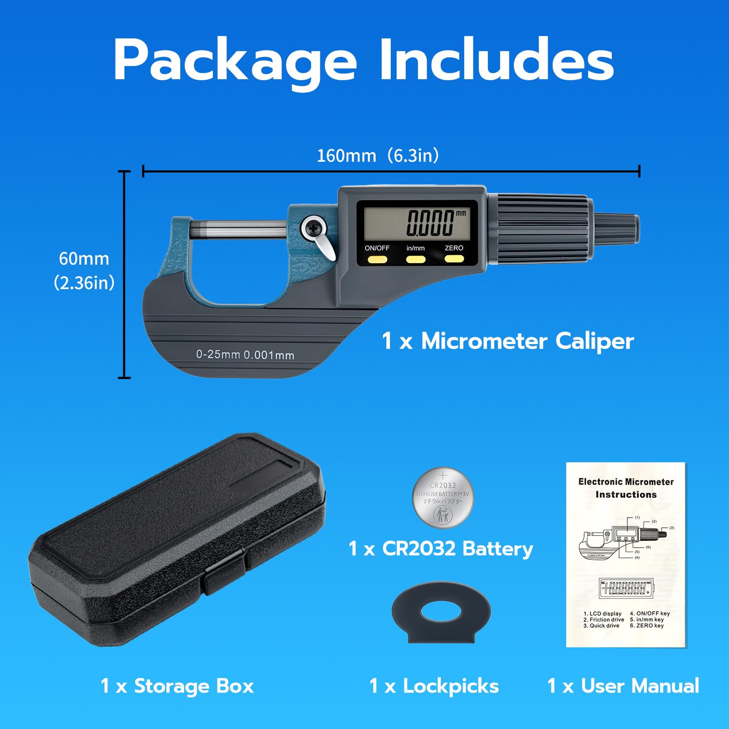 Image showing the complete package contents: digital micrometer, CR2032 battery, storage box, battery cover opener, and user manual, along with dimensions.