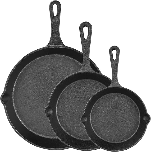 32nd Set of 3 Cast Iron Frying Pan Skillet Suitable for Gas, Electric and Induction Hob - Includes: Small (6), Medium (8) and Large (10)
