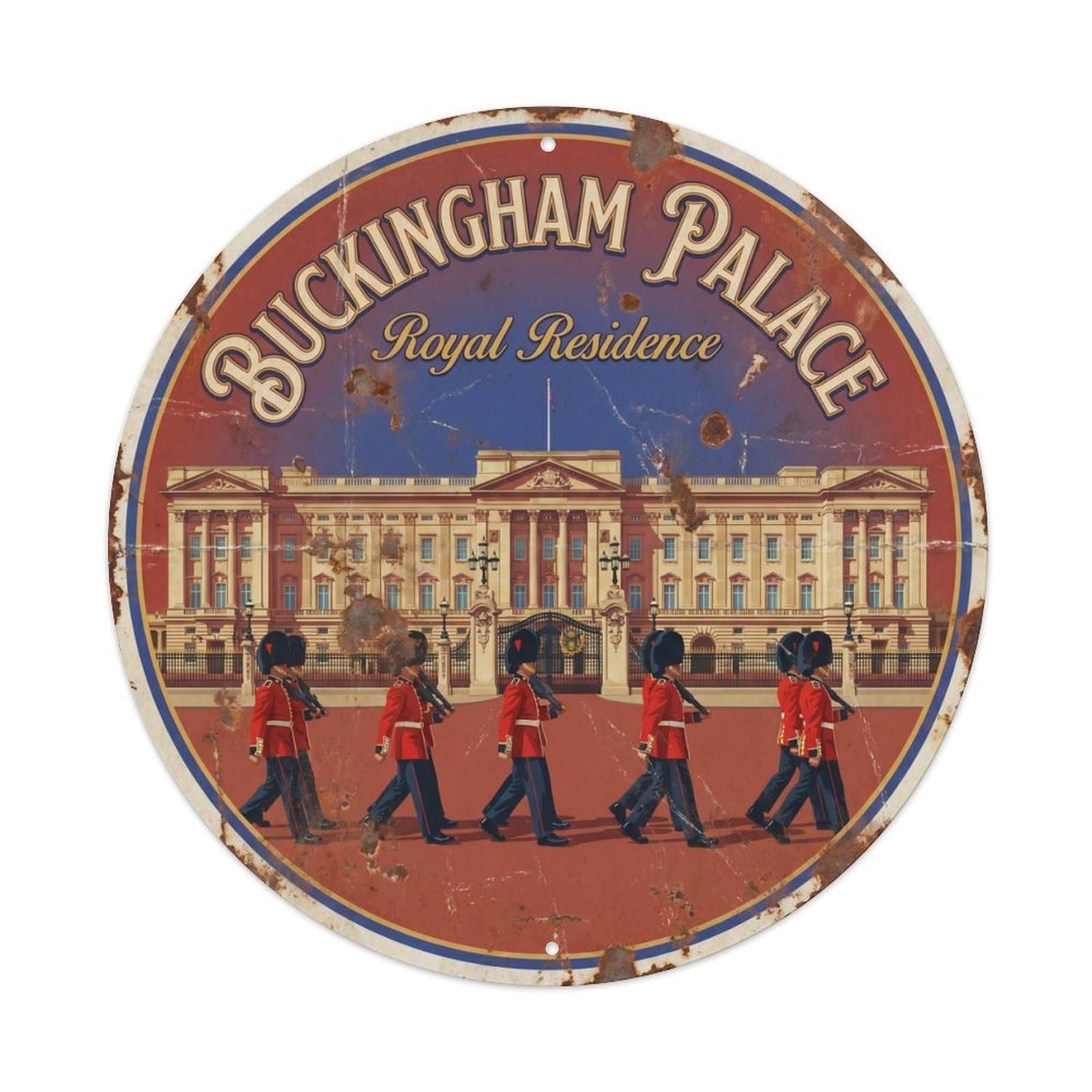 Vintage Travel Buckingham Palace Guards Metal Tin Sign Plaque Wall Decor for Cafe, Club, Garden Round Metal Poster 8x8Inch