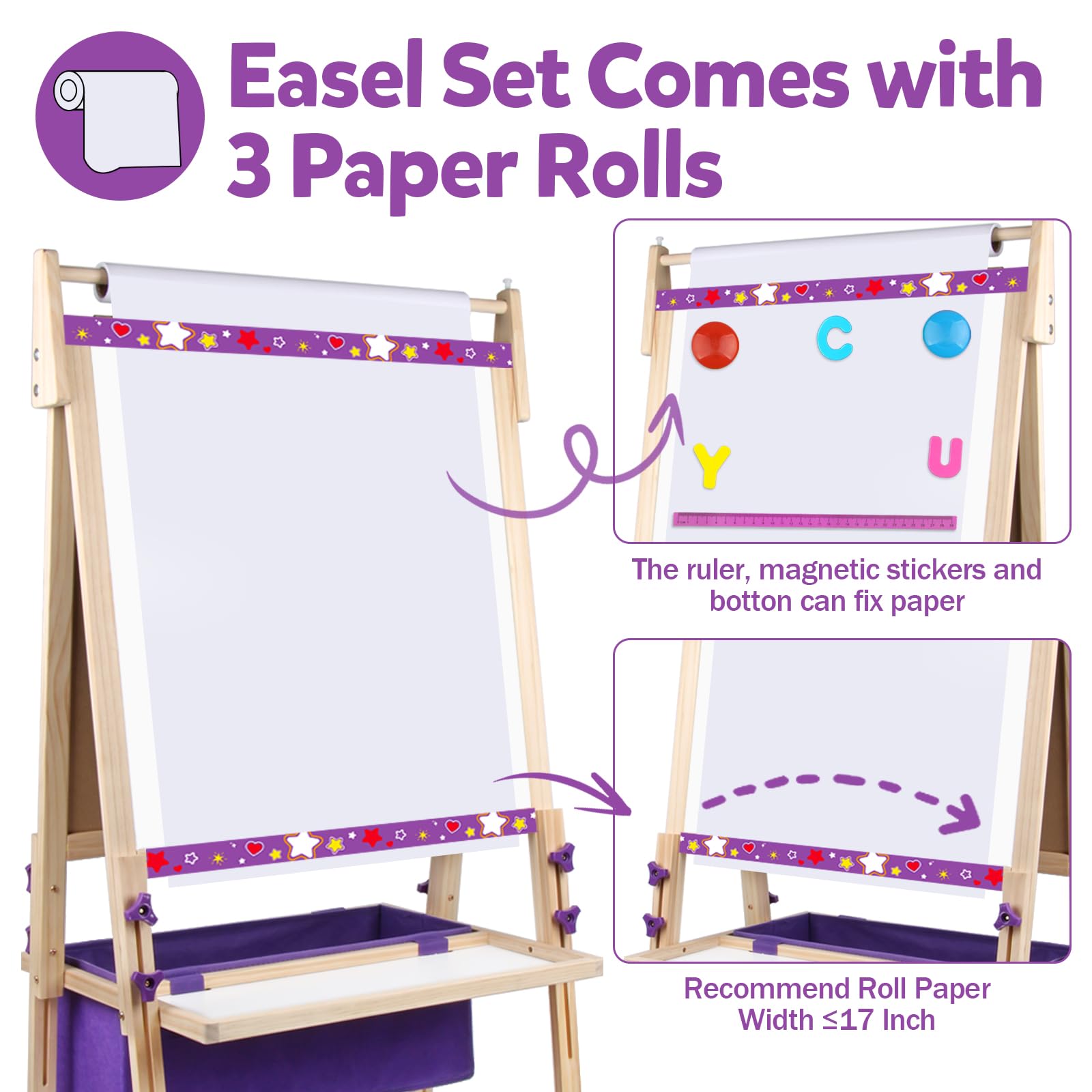 Caballete de arte para niños, pizarra blanca magnética y pizarra con 3 rollos de papel, soporte ajustable de doble cara para aula de 3 a 6 años, 7 a 10 y 11 a 12 años, regalos de cesta de 4