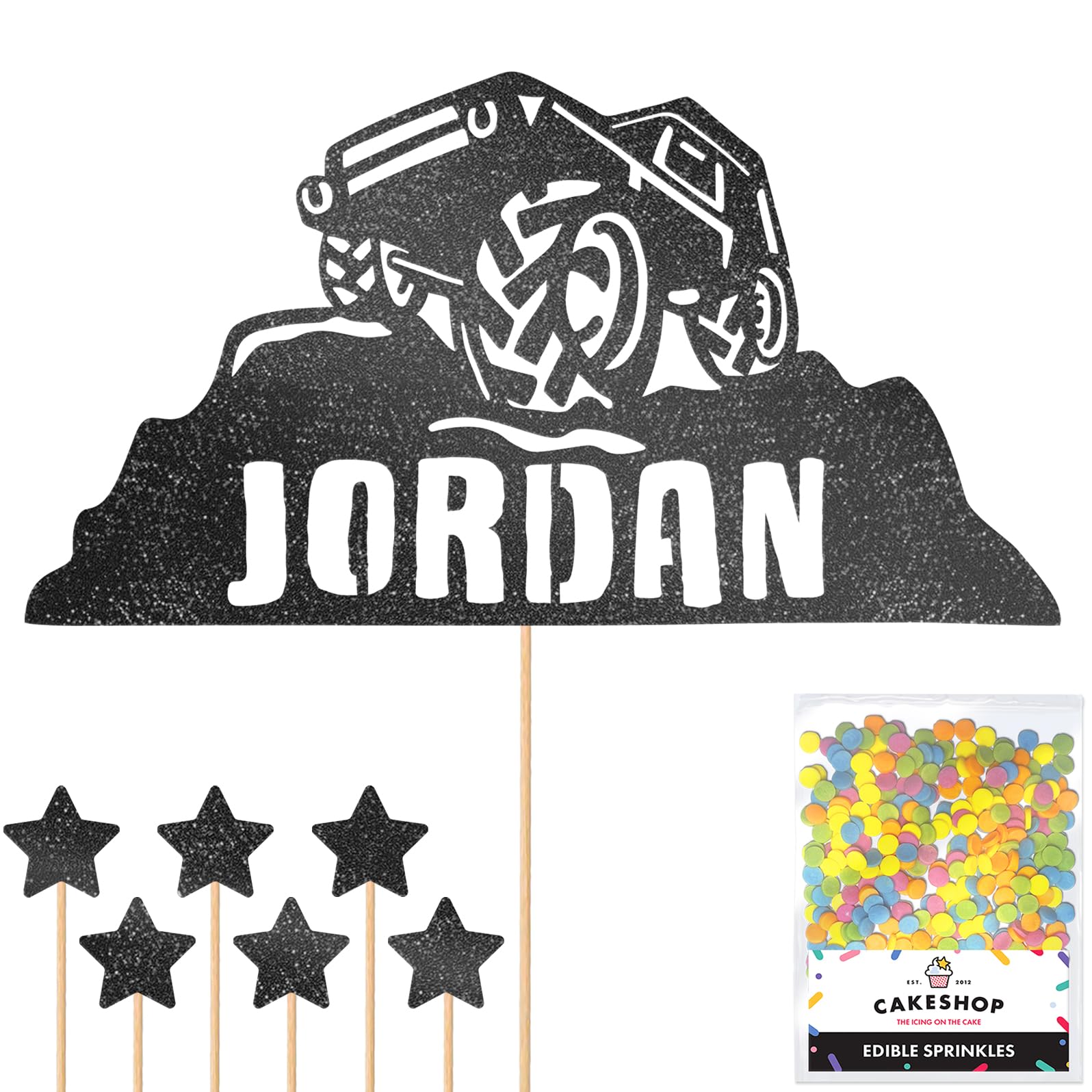 Personalised Off-Road Land Rover Jeep Glitter Topper - Black Custom Name 4x4 Glitter Cake Decoration and Sprinkles - Happy Birthday Decorations - Personalised Toppers for Cakes by Cakeshop