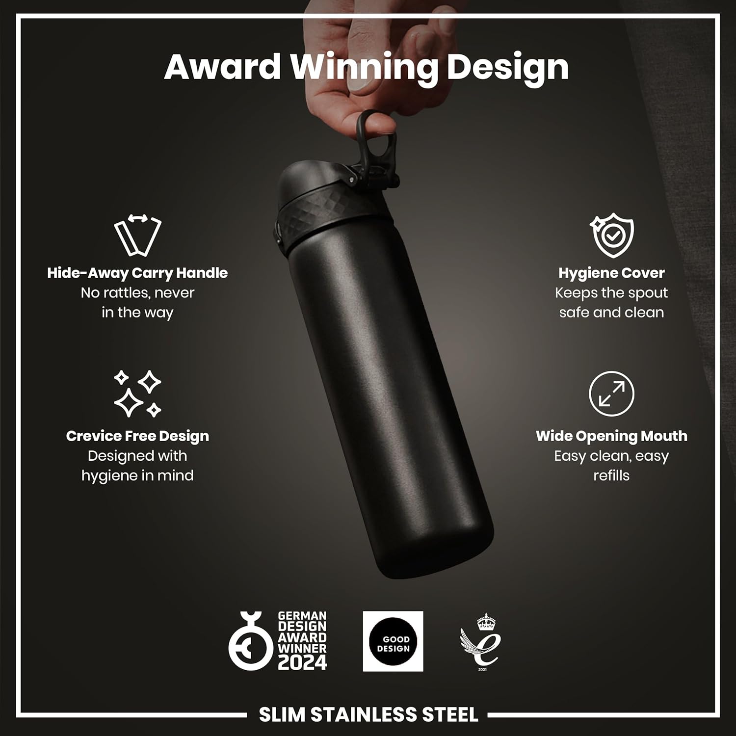 ION8 Steel Water Bottle, 600 ml/20 oz, Leak Proof, Easy to Open, Secure Lock, Dishwasher Safe, Hygienic Flip Cover, Fits Cup Holders, Carry Handle, Durable, Scratch Resistant, Carbon Neutral, Black - Image 6