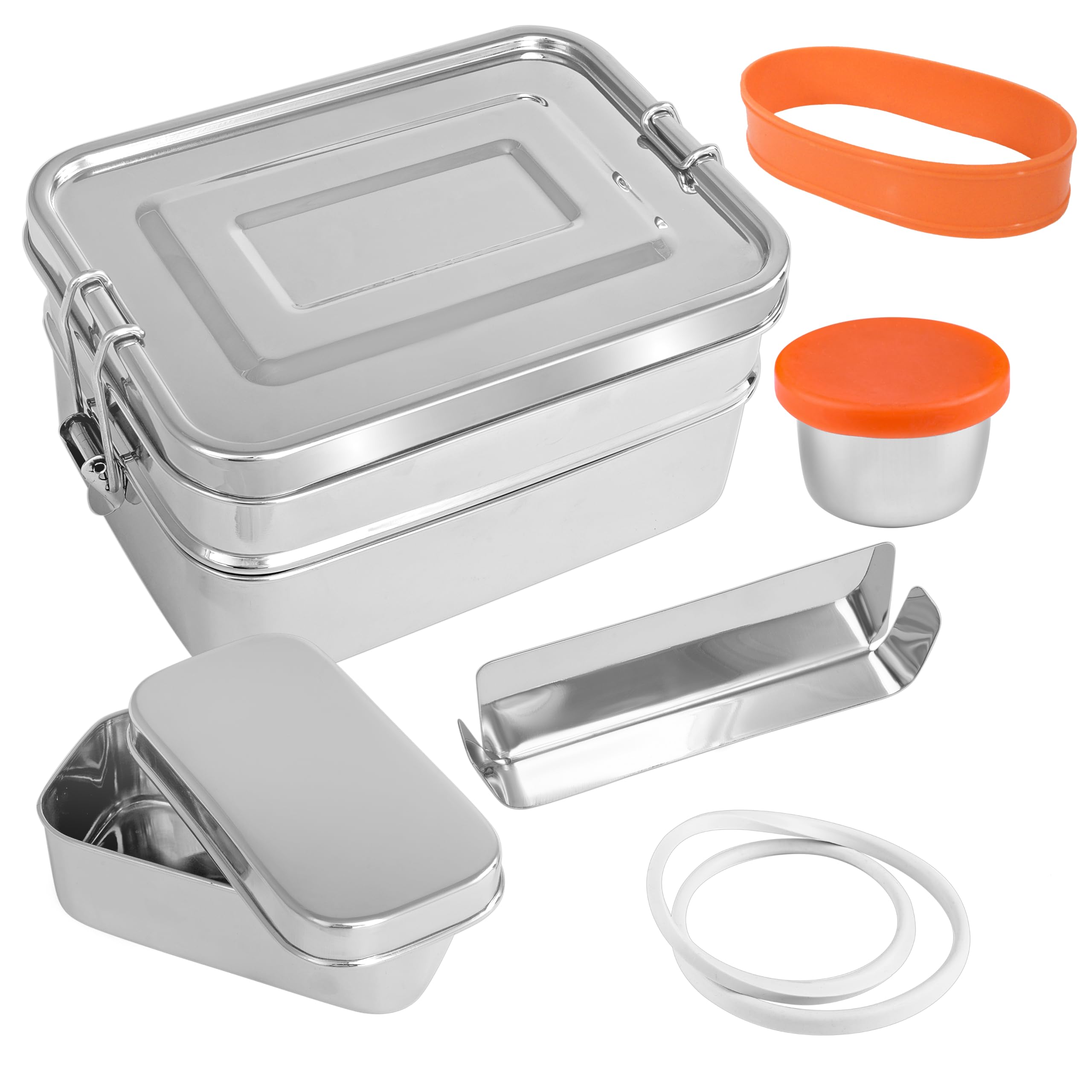 Bento Box per adulti in acciaio inox, 2,3 l, impilabile, con contenitore per salse e snack, a prova di perdite, lavabile in lavastoviglie, coperchio in acciaio inox, contenitore