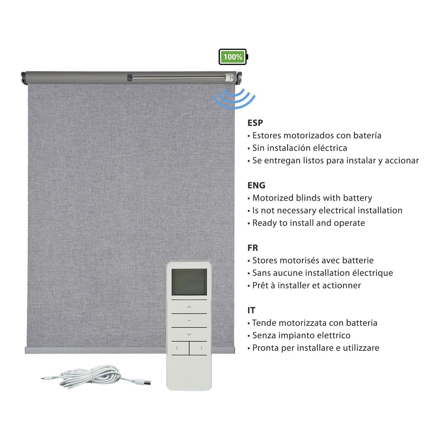 Tende a rullo per interni Oscuranti motorizzate tenda motorizzata Blackout elettrica in tessuto Isolamento termico con betteria e telecomando per finestre STORESDECO Grigio Premium 120x250 cm