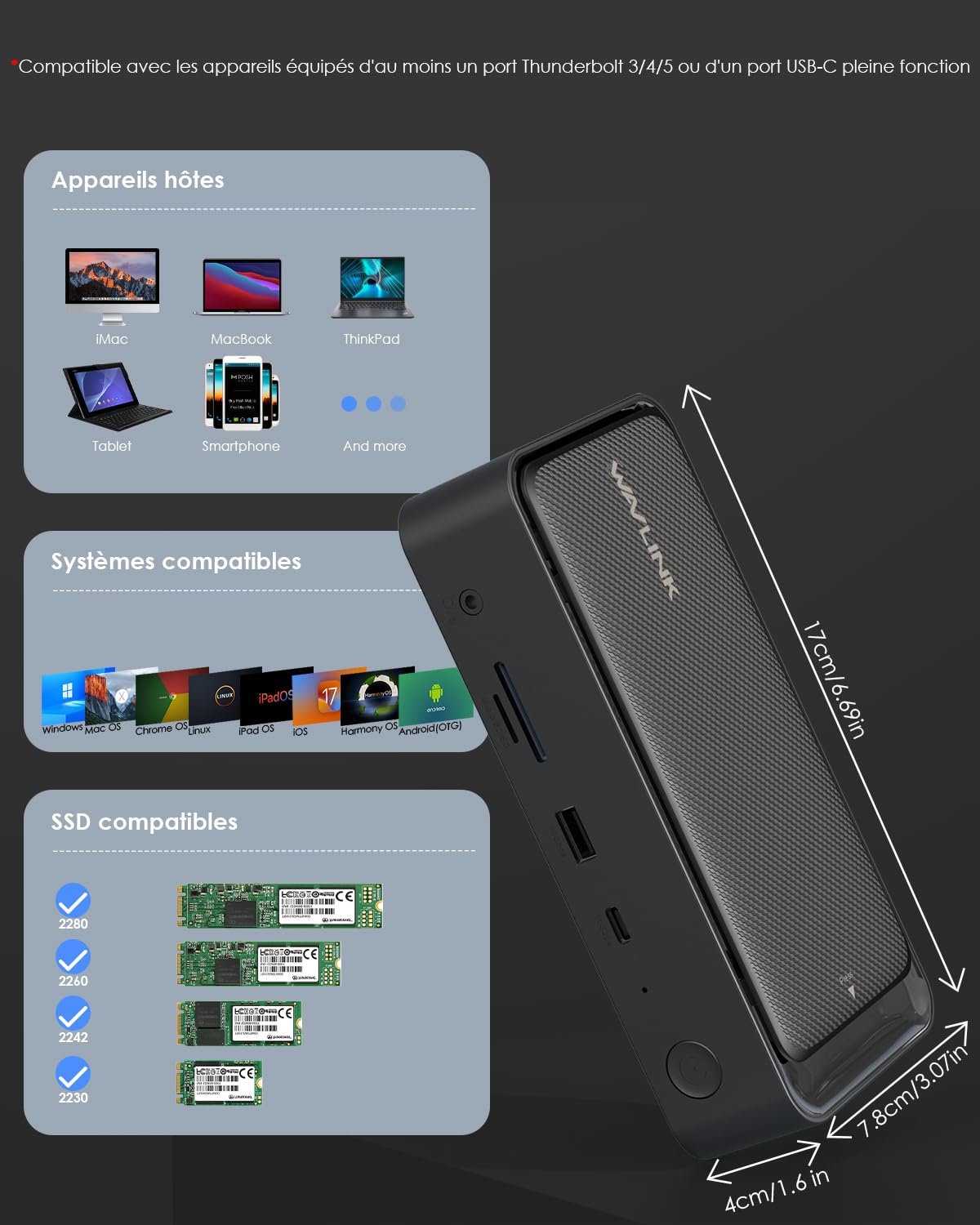 WAVLINK Station d'accueil pour Ordinateur Portable pour Trois écrans (8K @ 30Hz/4K @ 144Hz), Station d'accueil USB-C avec boîtier SSD M.2 PCIe/SATA, Prend en Charge 100 W Power Delivery, USB C/A, SD