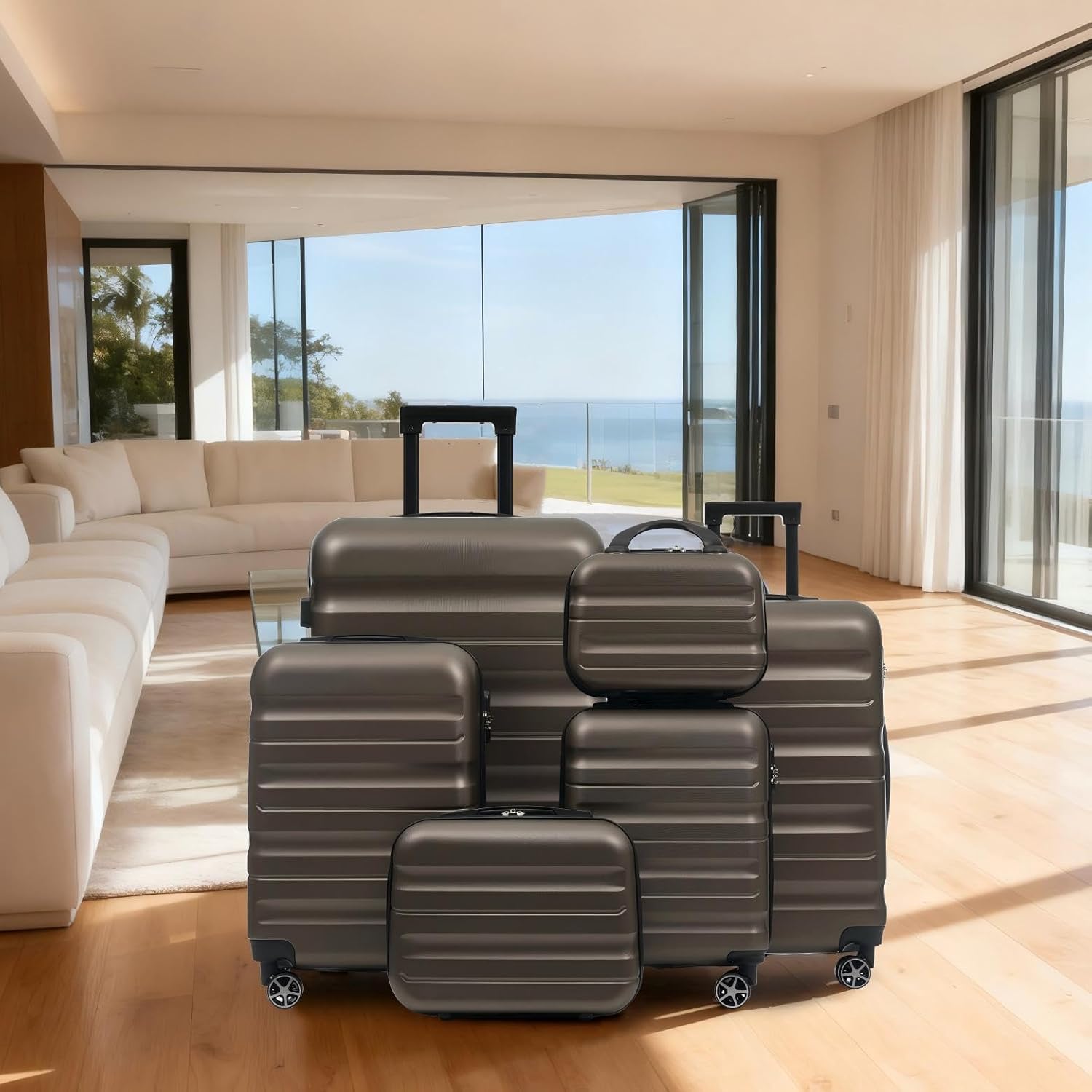 Merax Luggage Set 6 Piece, Hardshell ABS Suitcases with 8 Silent Spinner Wheels, Durable and Lightweight Travel Luggage for Family Trips, Brown - Image 5