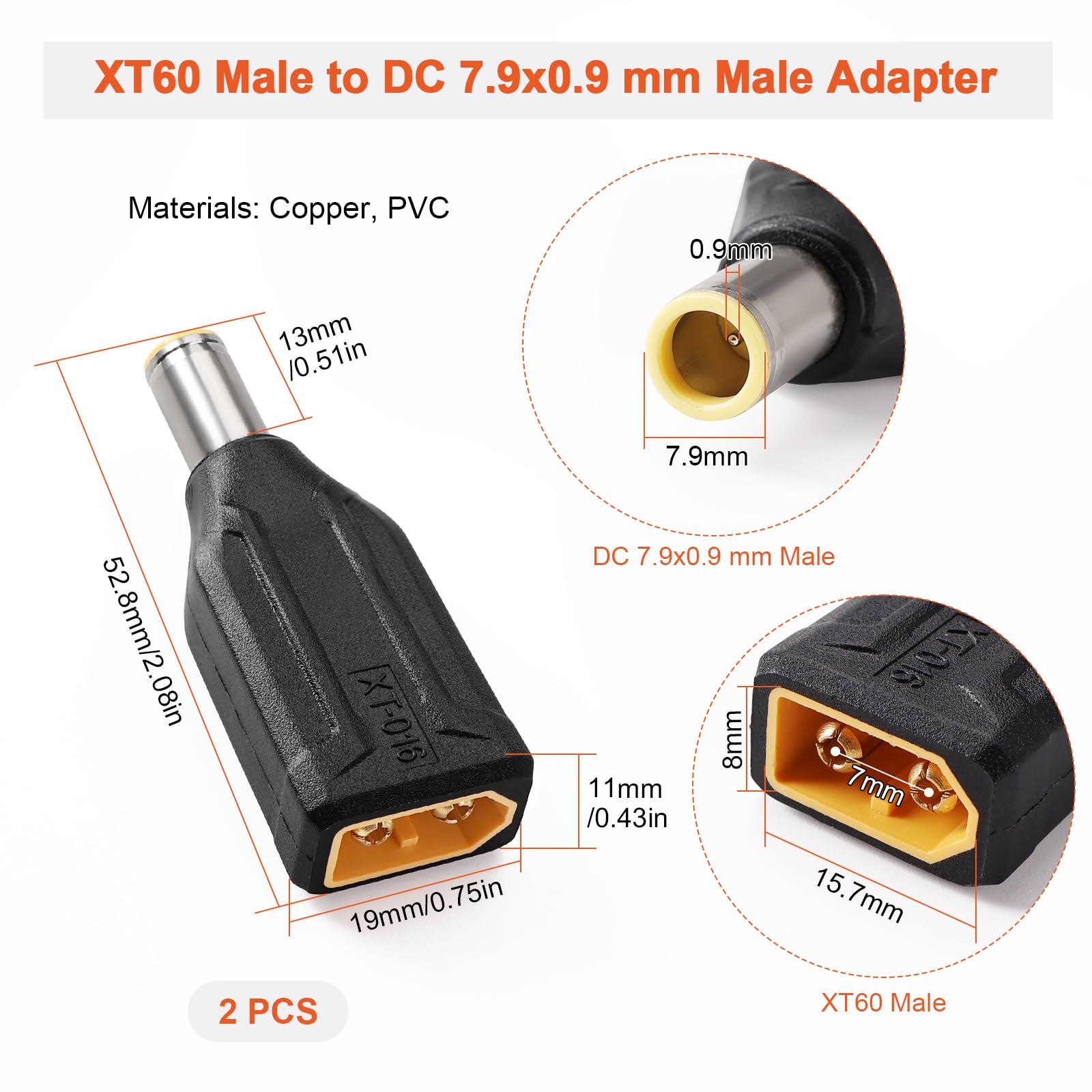 2 Sztuk XT60 do DC7909 Adapter, XT60 Męski do Męski DC 7.9x0.9 mm Power Złącza, Kompatybilny z FPV Monitor Power Drone