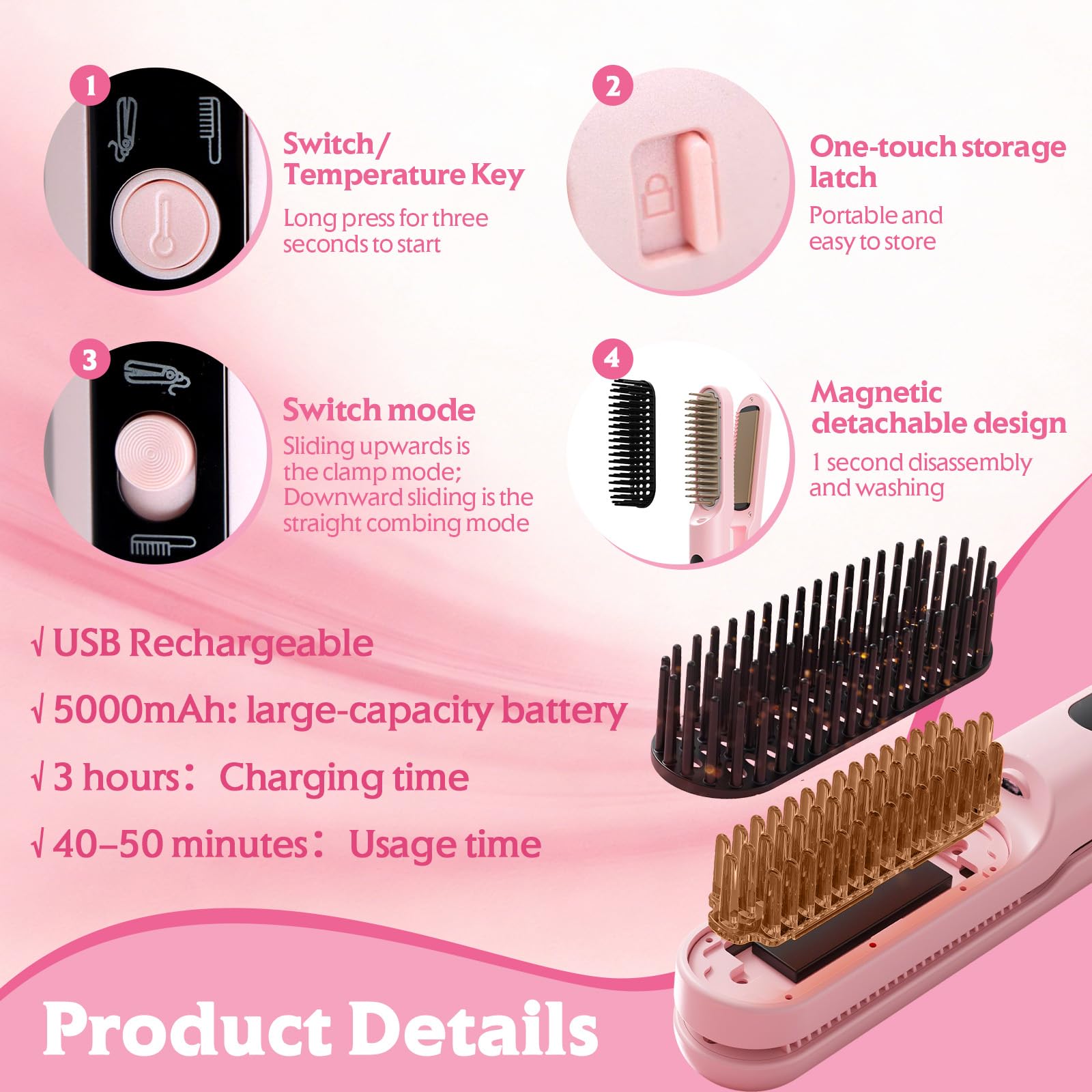 Scettar 2-in-1 Kabellose Glätteisenbürste, Wiederaufladbare Tragbare Haarglätterbürste mit 5000 mAh, Ideal für Reisen, Flacheisen und Bürsten-Kombination für glattes, krauses Styling (Rosa)