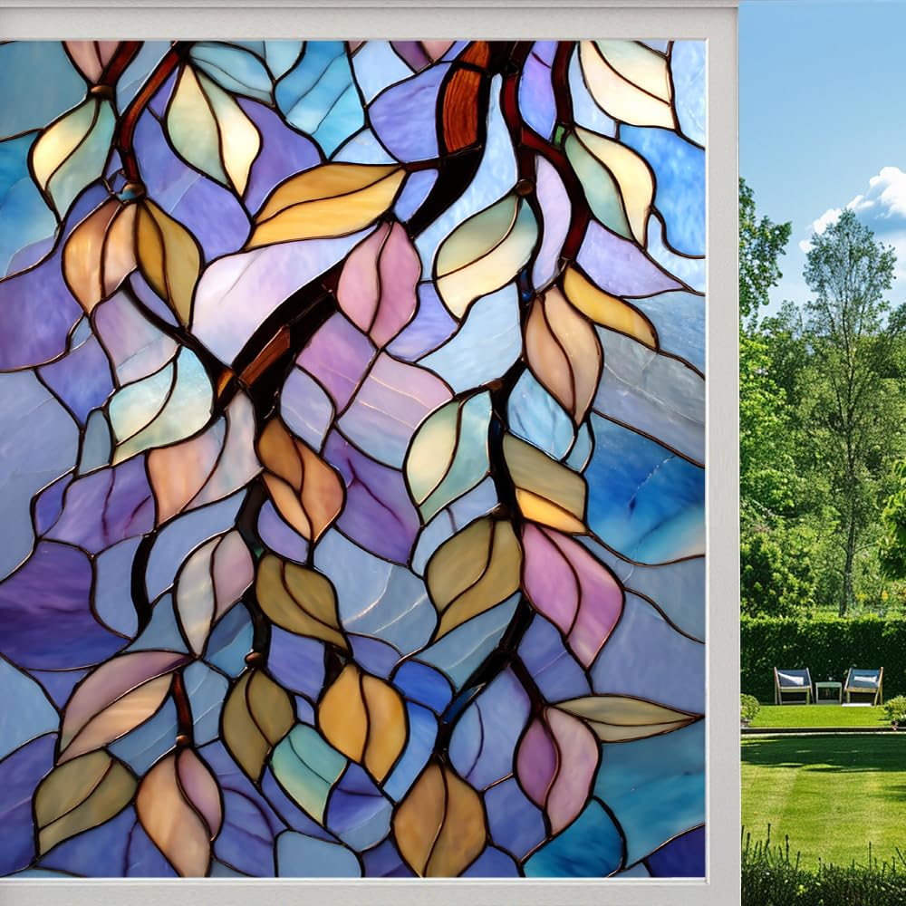 Pmlbaous Colorful Tree Branch Privacy Window Film, Natural Leaf Plants Frosted Self-Adhesive Vinyl Cling For Glass Doors Bathroom Windows Sun Blocking Heat Control, （50X100cm）