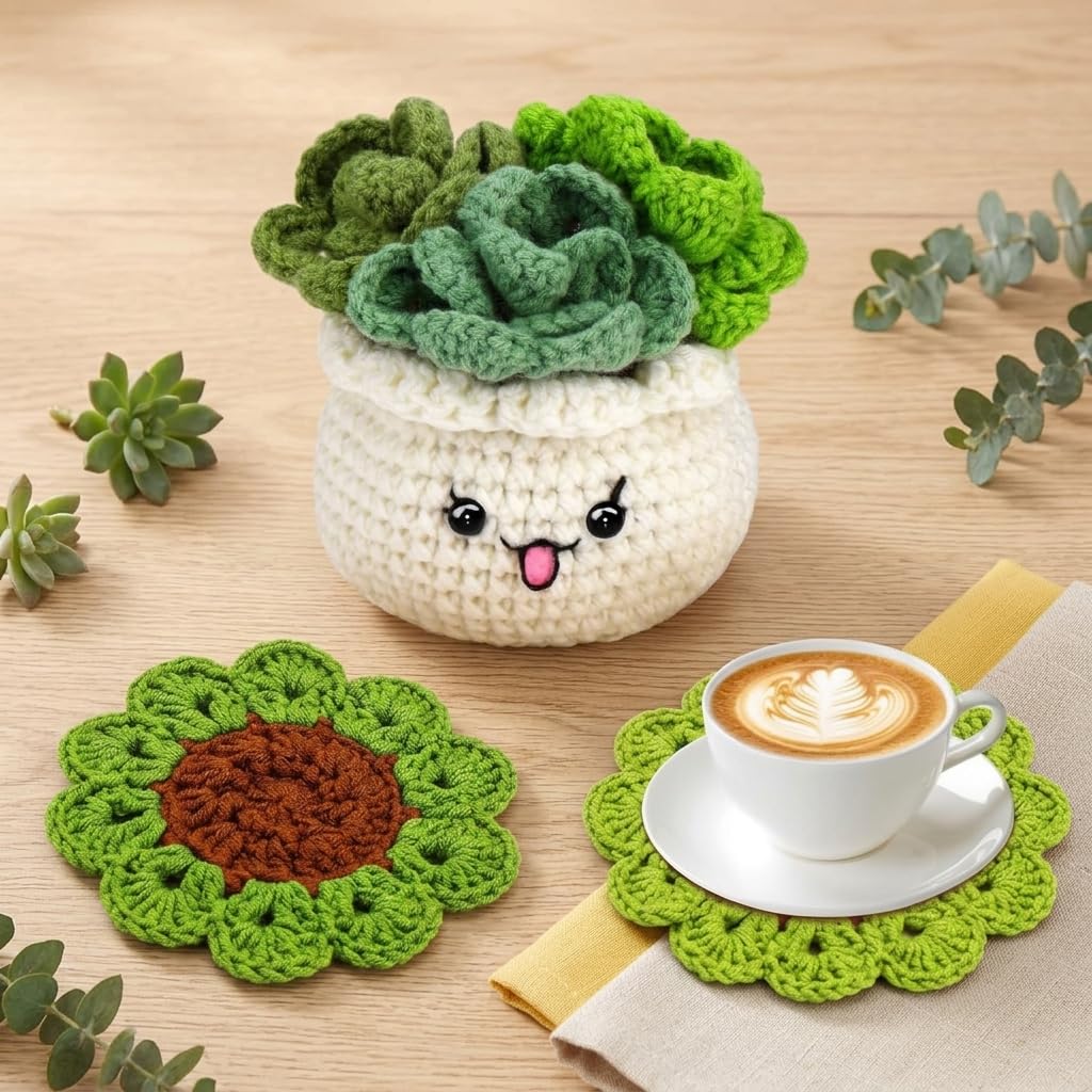 PATPAT® Cotton DIY Crochet Kit for Beginners Adults Kids, DIY Kit for Adult Kids Plant Pot with 3Pcs Cup Coaster Crochet Set Knitting Set with Yarn, Crochet Needles, Wires, Stitch Hooks &Accessories-image-42