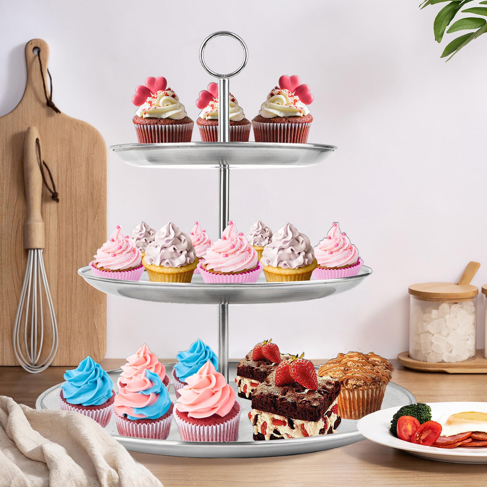 LIAISIMI 3 Tier Cupcake Stand Stainless Steel Dessert Display Rack with Removable Tiered Tray for Parties,Weddings,Birthdays,Decorations,Any Festivals and Festivities (Silver - Stainless Steel Pole)