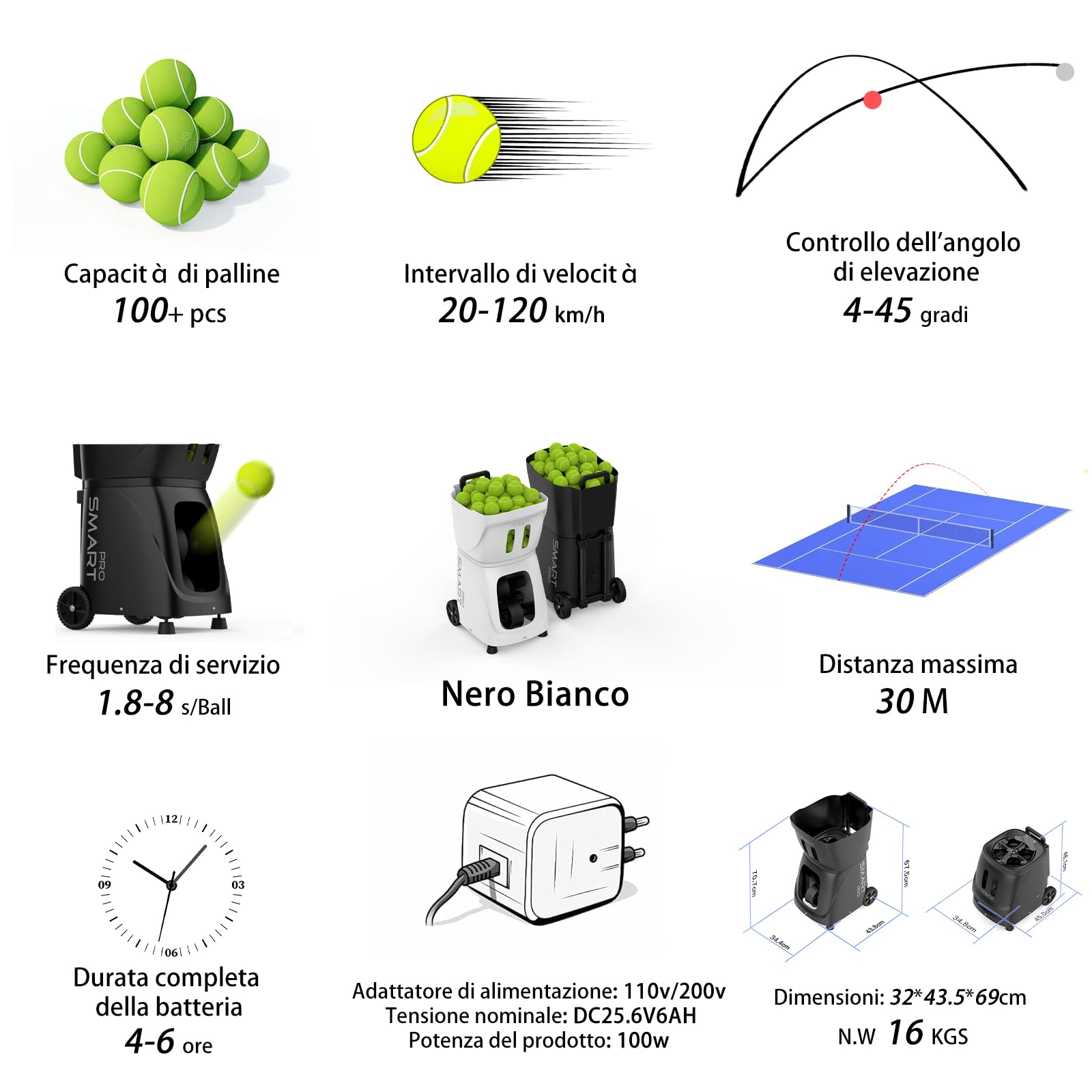 PUSUN PT-Smart-Pro - Macchina intelligente per palline da tennis, servizio automatico con controllo APP/telecomando/iWatch, 12 modalità di servizio, batteria 4-6H per allenamento/coaching (nero)