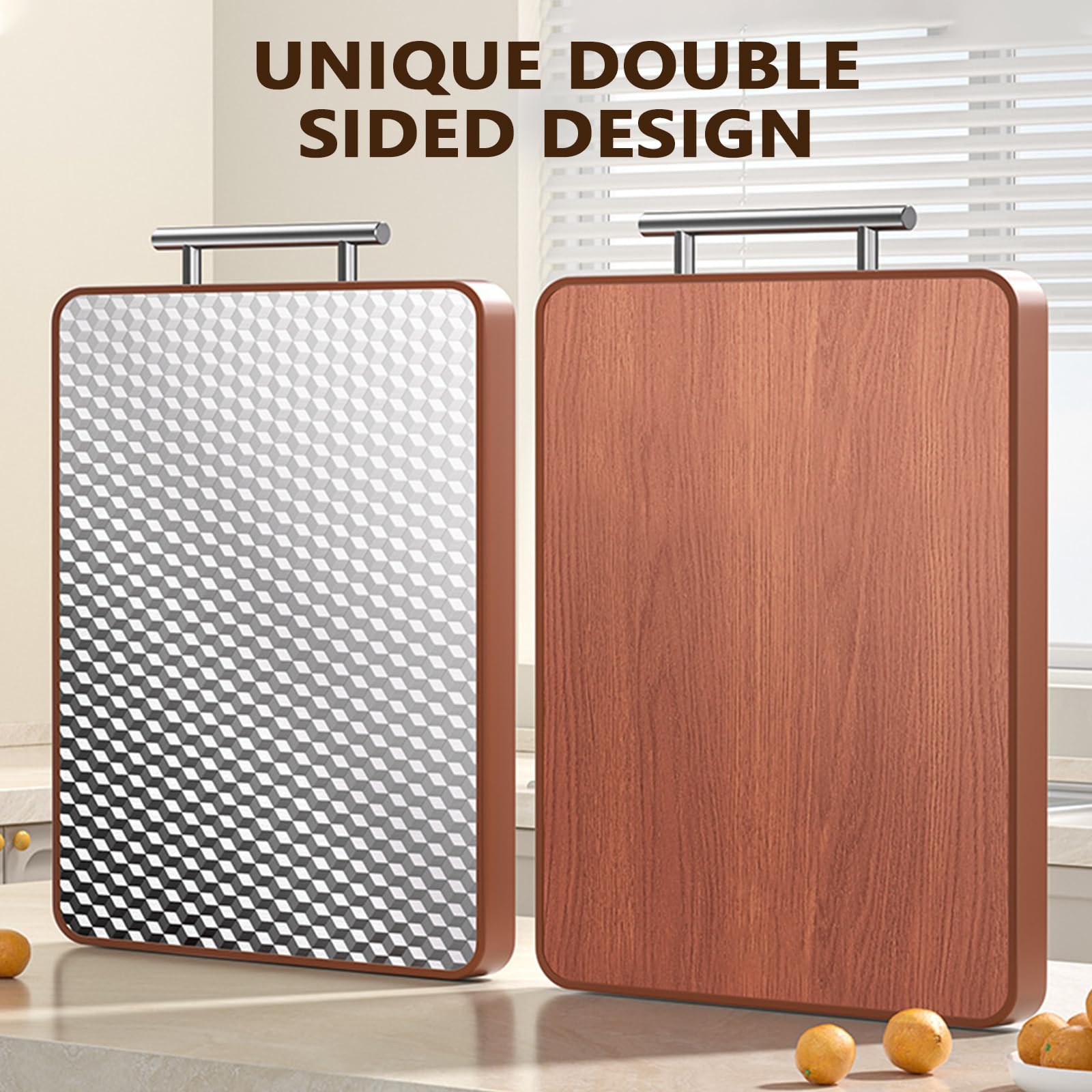 Planche à Découper Double Face Acier Inoxydable Palissandre 2 en 1 pour Viande Fruits Poisson Légumes