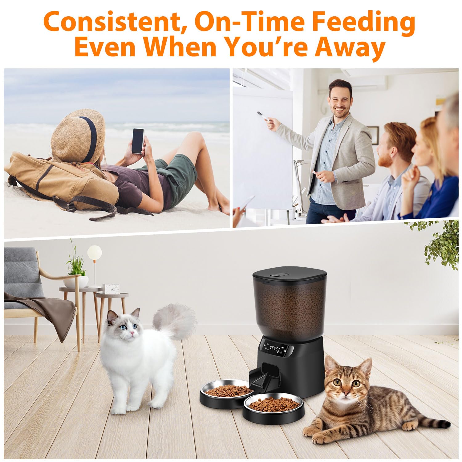 Automatic Cat Feeders for Two Cats, 5L/20 Cups Double Automatic Cat Food Dispenser with 2 Stainless Bowls, Timer Setting 20 Portions 6 Meals Per Day, 10s Meal Call, Pet Feeder for Dog (White, 4L) - image 8