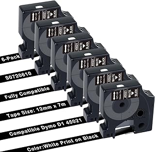 6X 45021 Compatible with DYMO D1 45021 a45021 White on Black Label Tape, 12mm x 7m, S0720610 Label Cassette Refill Labeling Tape for Dynamo LabelManager 160 280 420P PnP 220P 360D 450 210D