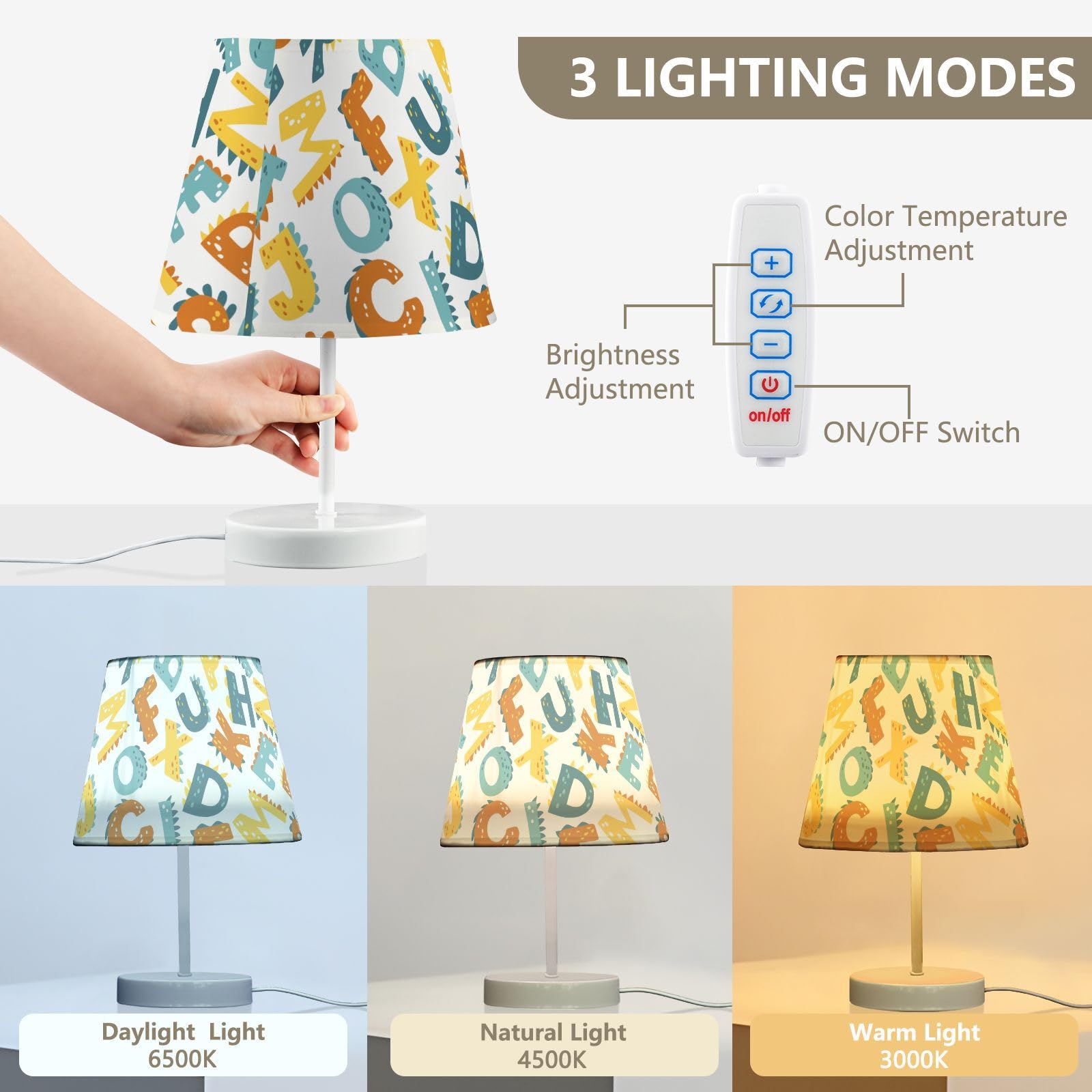 Mnsruu Lámpara de mesita de noche con dibujos animados de dinosaurio, letras infantiles, lámpara de mesa, bombillas LED, lámpara de escritorio, pantallas de tela para dormitorio, sala de estar, tamaño