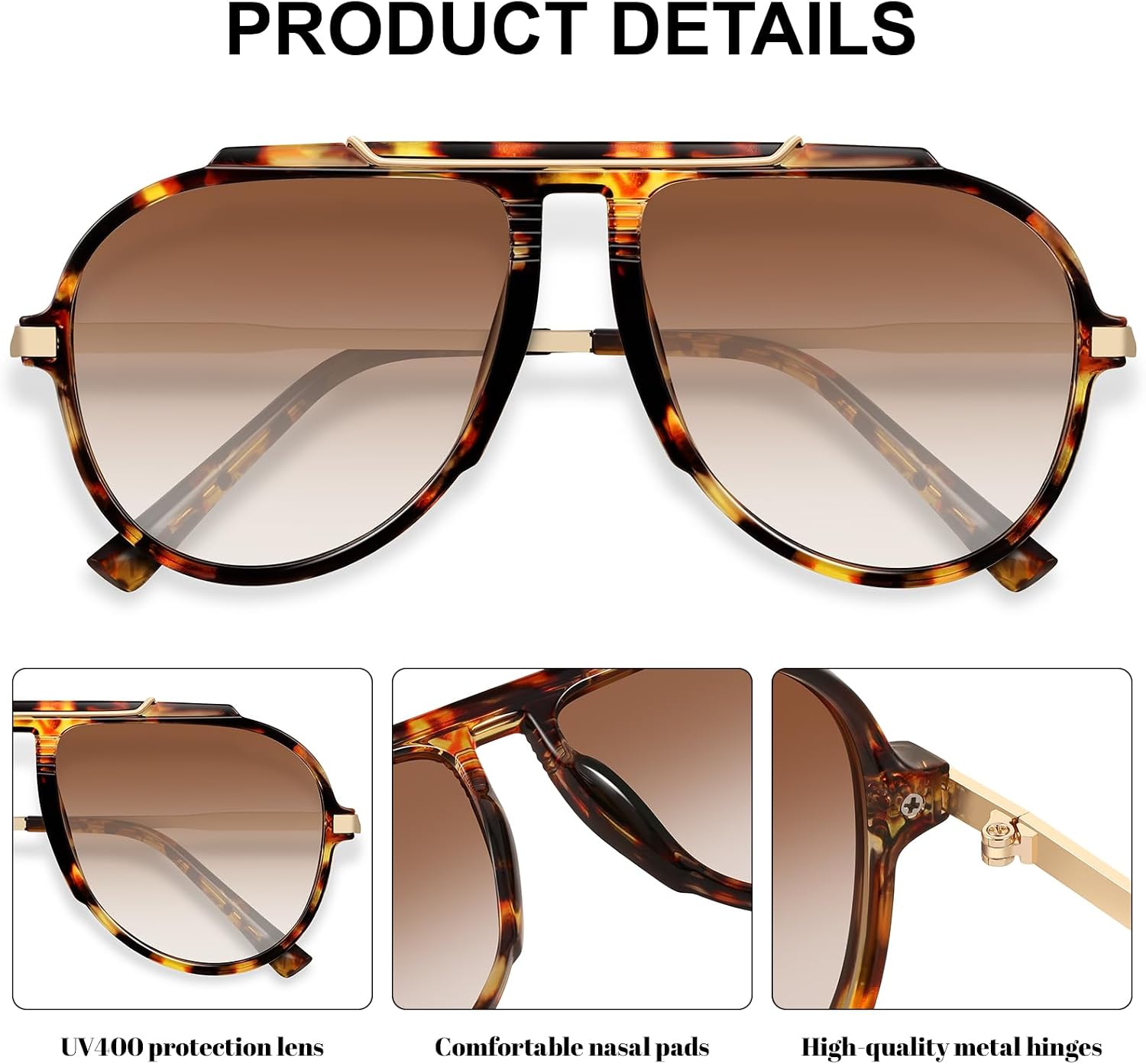 Retro Oversized Aviator Sunglasses for Women Men 70s Trendy Metal Gold Tangle Free Big Sun Glasses UV Protection