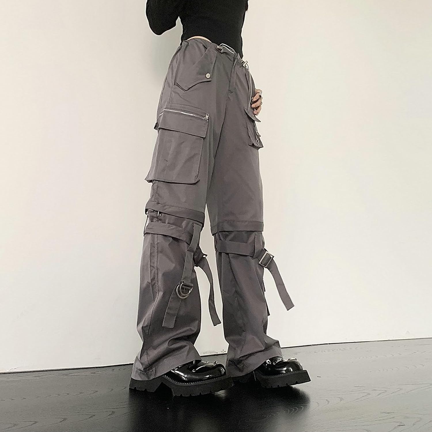 MEINVQIAOTI Goth Pants Street Dance Streamer Functional Cargo Pants for Women Detachable Two-Piece techwear Pants Women