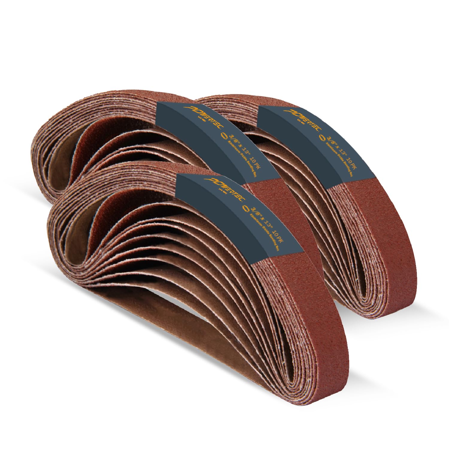 POWERTEC 3/8 x 13 Inch Sanding Belts, 30PK, 10 Each of 100/120/320 Grits Aluminum Oxide Sanding Belt Assortment for Air Belt & Band File Sander, Knife Shrapenig, Woodworking, Metal Polishing (40134-4)