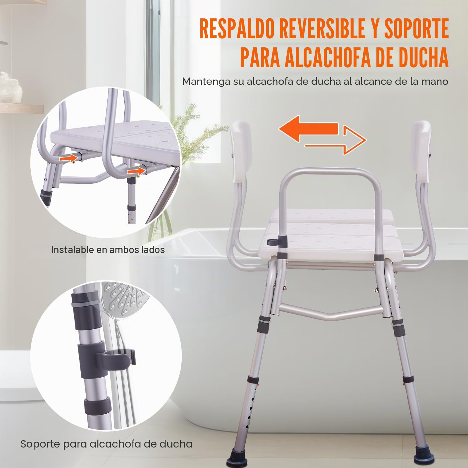 VEVOR Banco de Transferencia para Bañera Altura Ajustable con Protector de Cortina en Forma de U Respaldo Reversible Asiento de Ducha Antideslizante para Personas Mayores Discapacitadas y Lesionadas