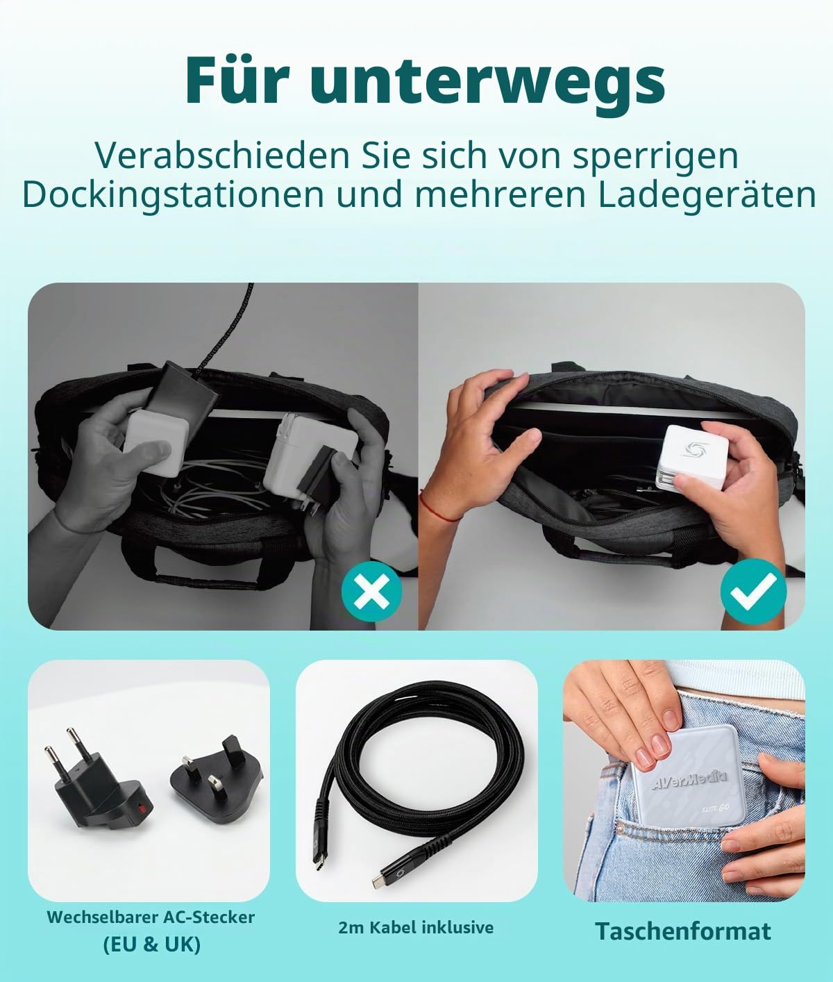 AVerMedia Capture-Karte für Streaming, 1080p60 HDMI, Tragbares Ladegerät für Nintendo Switch, 100W GaN-Schnellladung USB-C-Hub, TV-Dockingstation mit 4K60 HDMI - Elite GO GC313 Pro