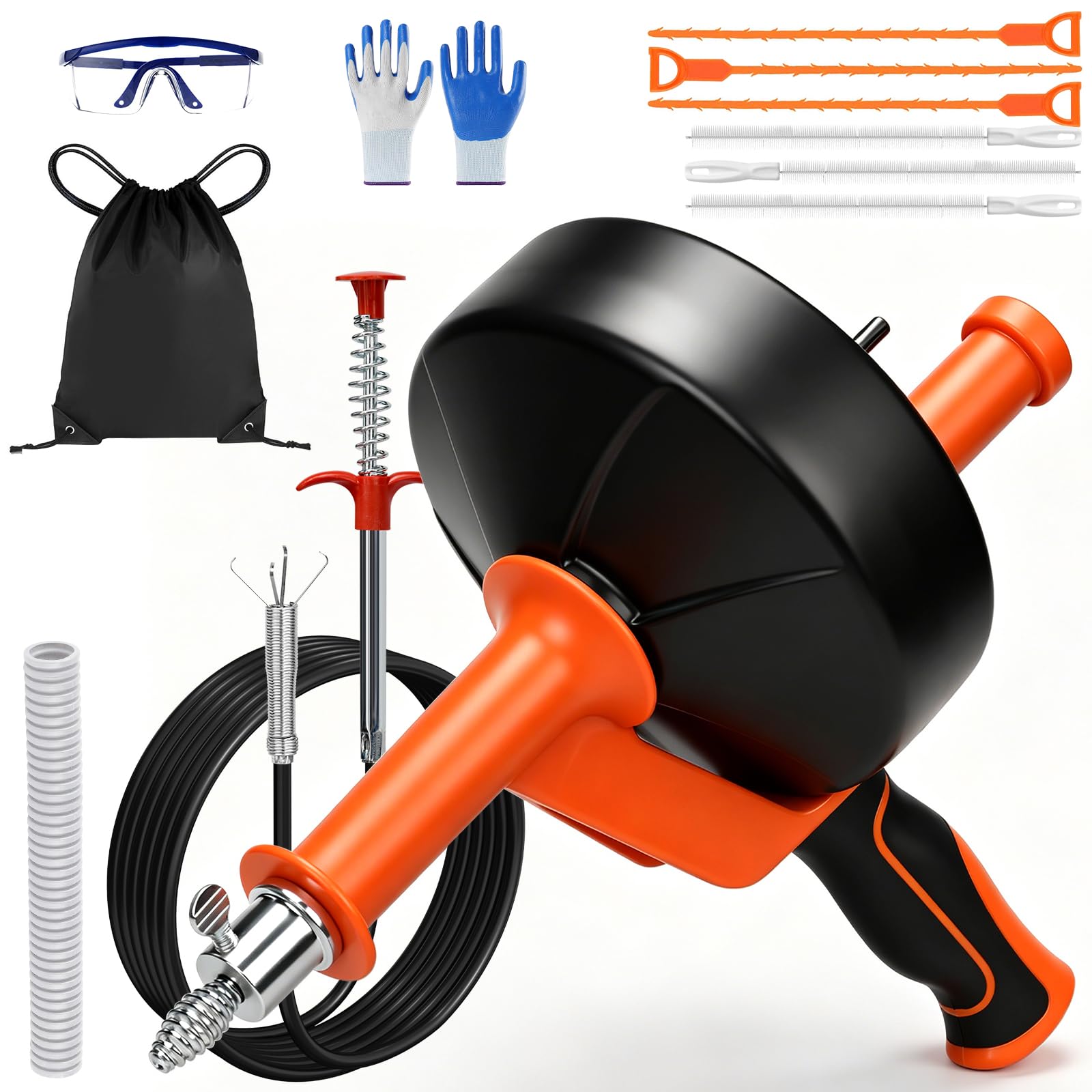 Desatascador Tuberías 13m, Espiral Desatascador Profesional de Acero con Accesorios, Cable Desatascador con Guantes, Cepillos y Garra, Limpieza de Tuberías para Cocina y Baño