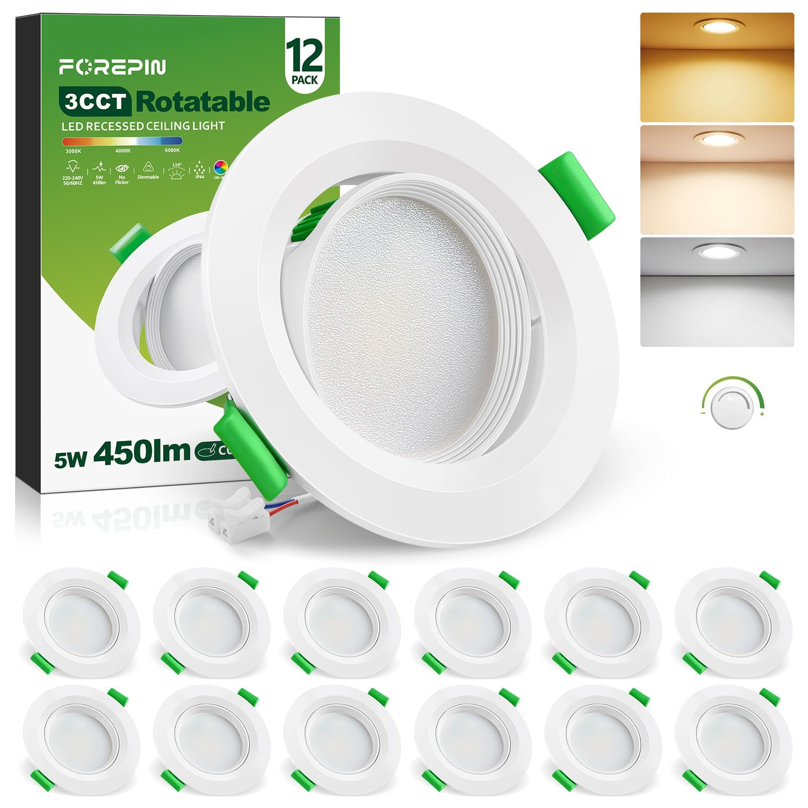 LED Einbaustrahler 230v 5W, LED Einbauspots Dimmbar Spots Deckenleuchte 68mm, IP44 Einbauleuchten Schwenkbar für Einbaubeleuchtung 3000K/4000K/6500K Einbaustrahler, 12er Set