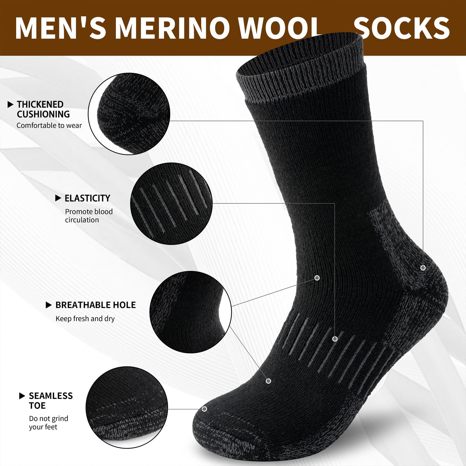 Time May Tell Mens Merino Wool Hiking Cushioning Socks For Outdoor Wool-Socks-For-Mens 3 Pack - Image 3