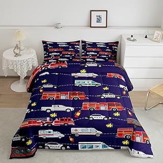 Fire Truck Bedding Bed Set Police Car Comforter Set for Kids Boys Girls Teens Youth Decor Engine Ambulance Cute Comforter Emergency Vehicle Blue Soft Quilt Set Room 2Pcs Twin Size