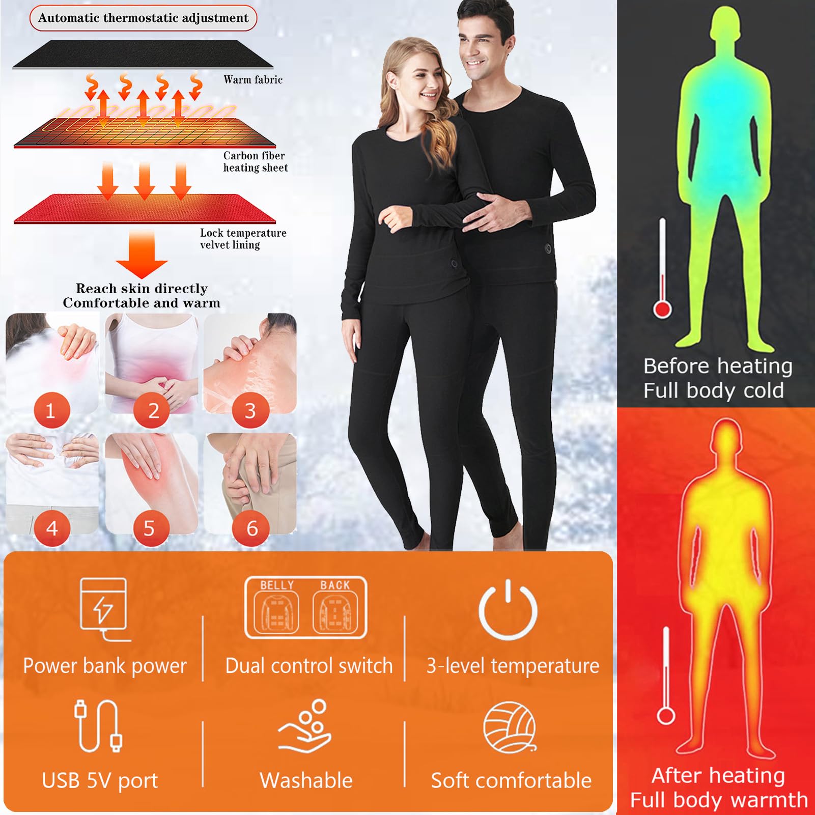 Pantalones Calefactables para Hombres Y Mujeres, Calefacción Eléctrica USB, Ropa Interior Térmica De 12 Zonas para Caza, Motocicleta, Senderismo,2XL,Men