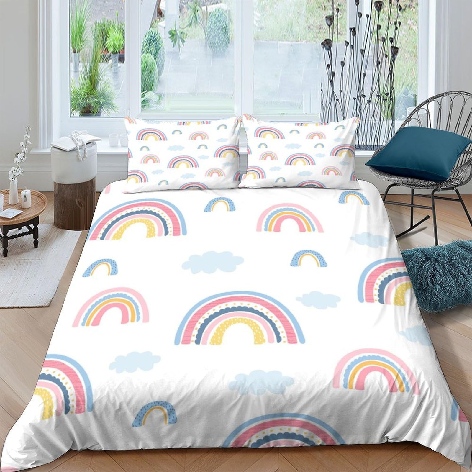GPLZQXKJNH 3D Printed Rainbow Cloud Duvet Cover Set Microfiber Soft Breathable Bedding Set with 2 Pillowcases for Bedroom Home Decor Single（135x200cm）