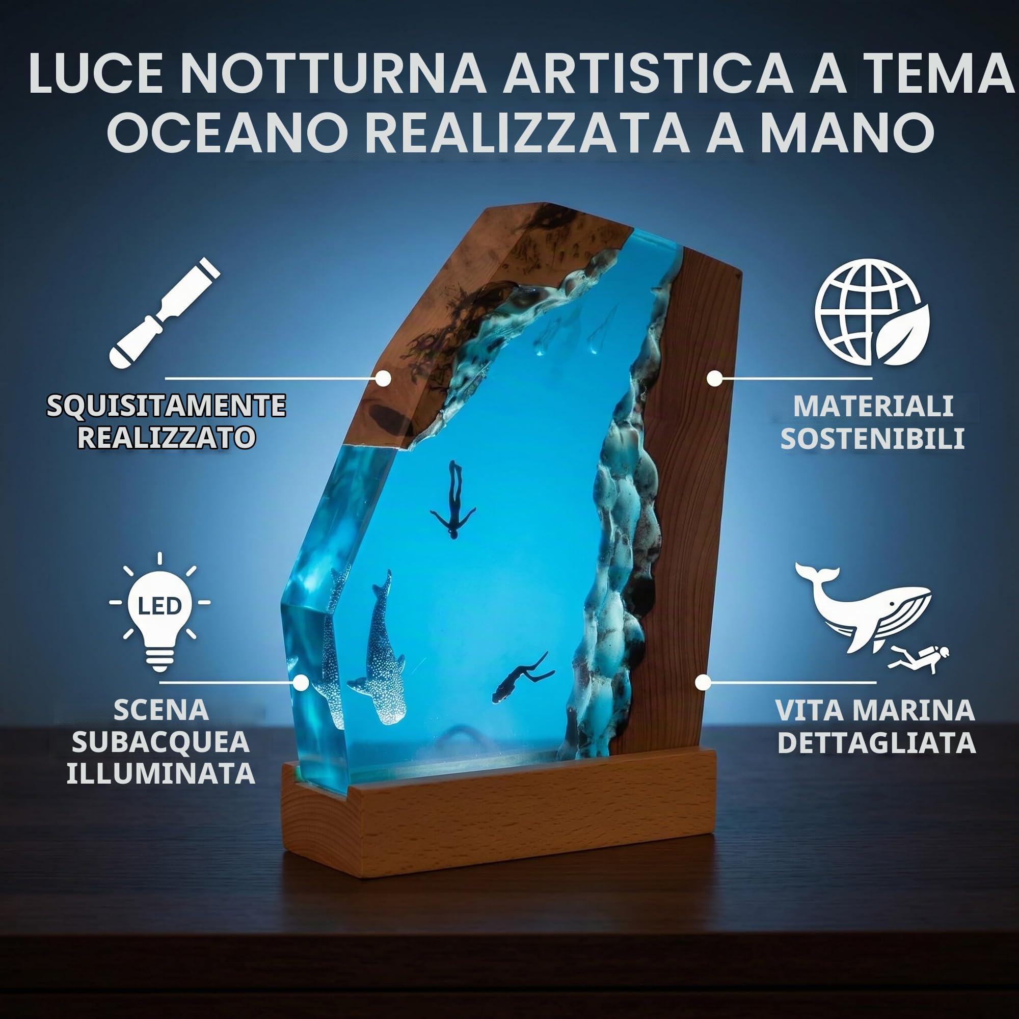 Tnfeeon Lampada a Resina Oceanica, Lampada da Comodino con Squalo Balena e Subacquei, Luce Notturna LED per Camera da Letto, Decorazione Artistica da Scrivania, Base in Legno Massiccio