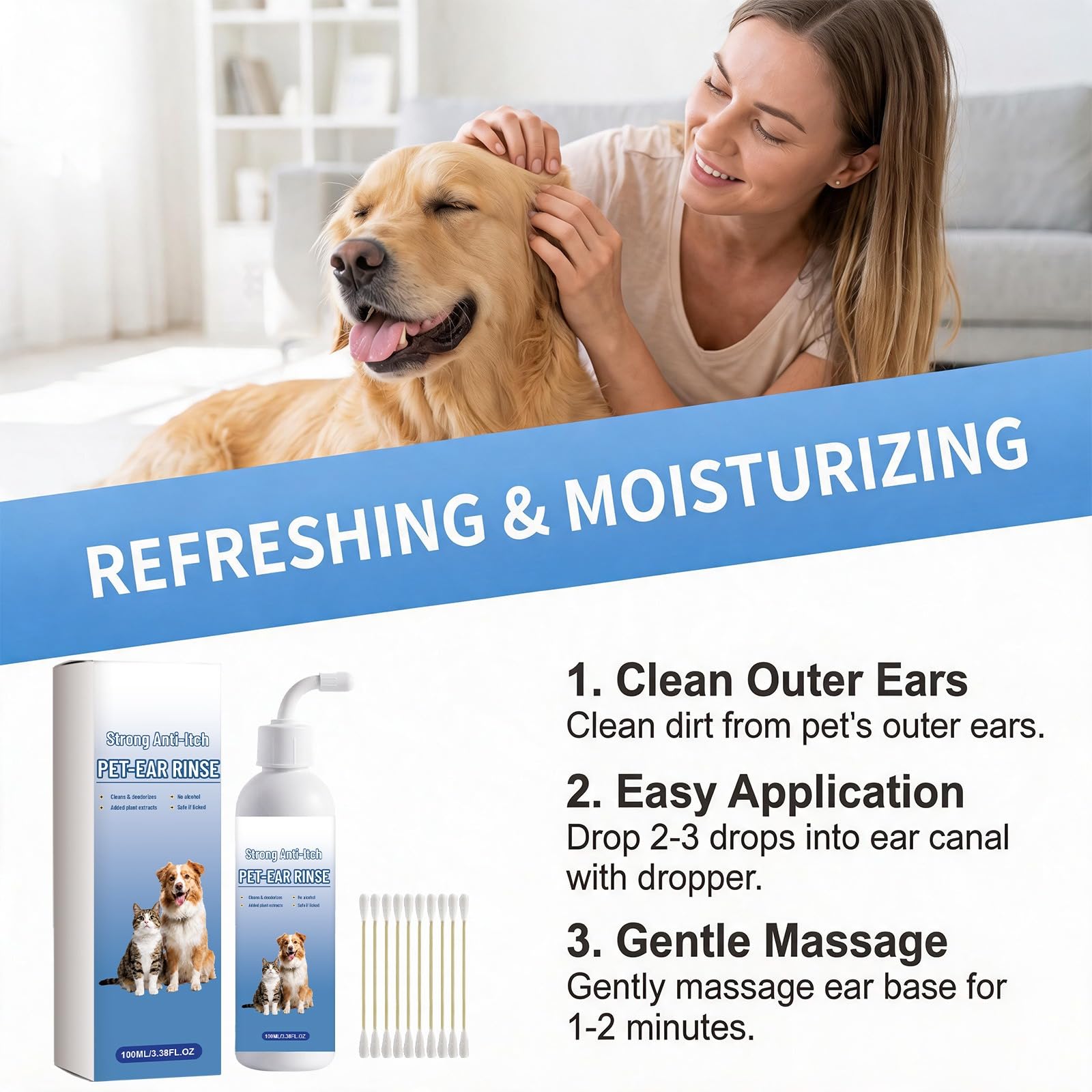 Solution nettoyante auriculaire 100 ml pour chien et chat, anti-odeurs | Embout coudé et cotons-tiges inclus,pour une application précise lors de l’entretien régulier des oreilles de chiens et chats