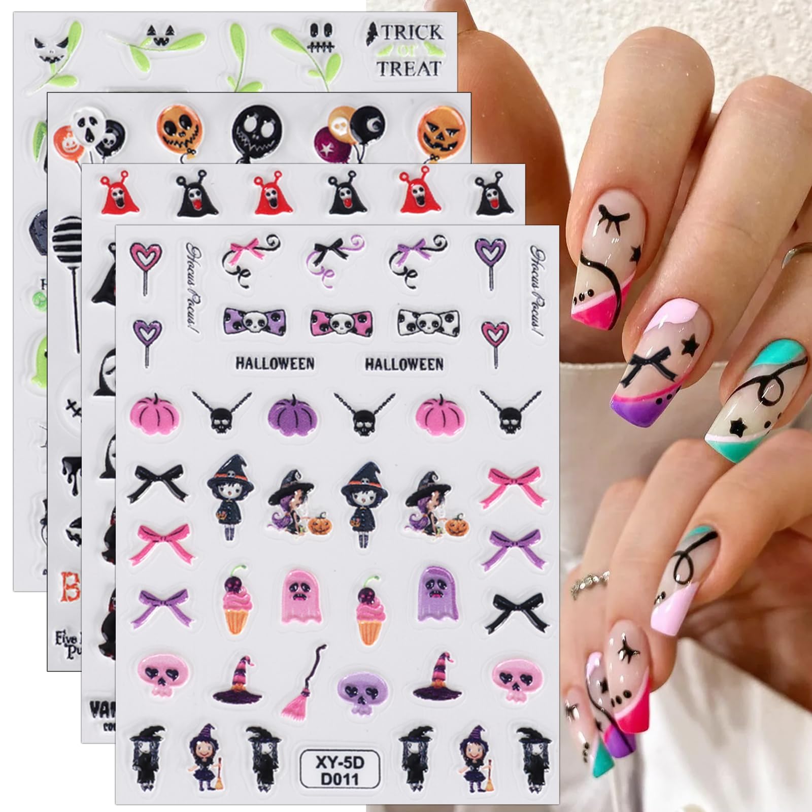 JMEOWIO 3D Embossed Halloween Nail Art Stickers Decals Self-Adhesive Pegatinas Uñas 5D Cute Ghost Witchy Bat Pumpkin Nail Supplies Nail Art Design Decoration Accessories 4 Sheets