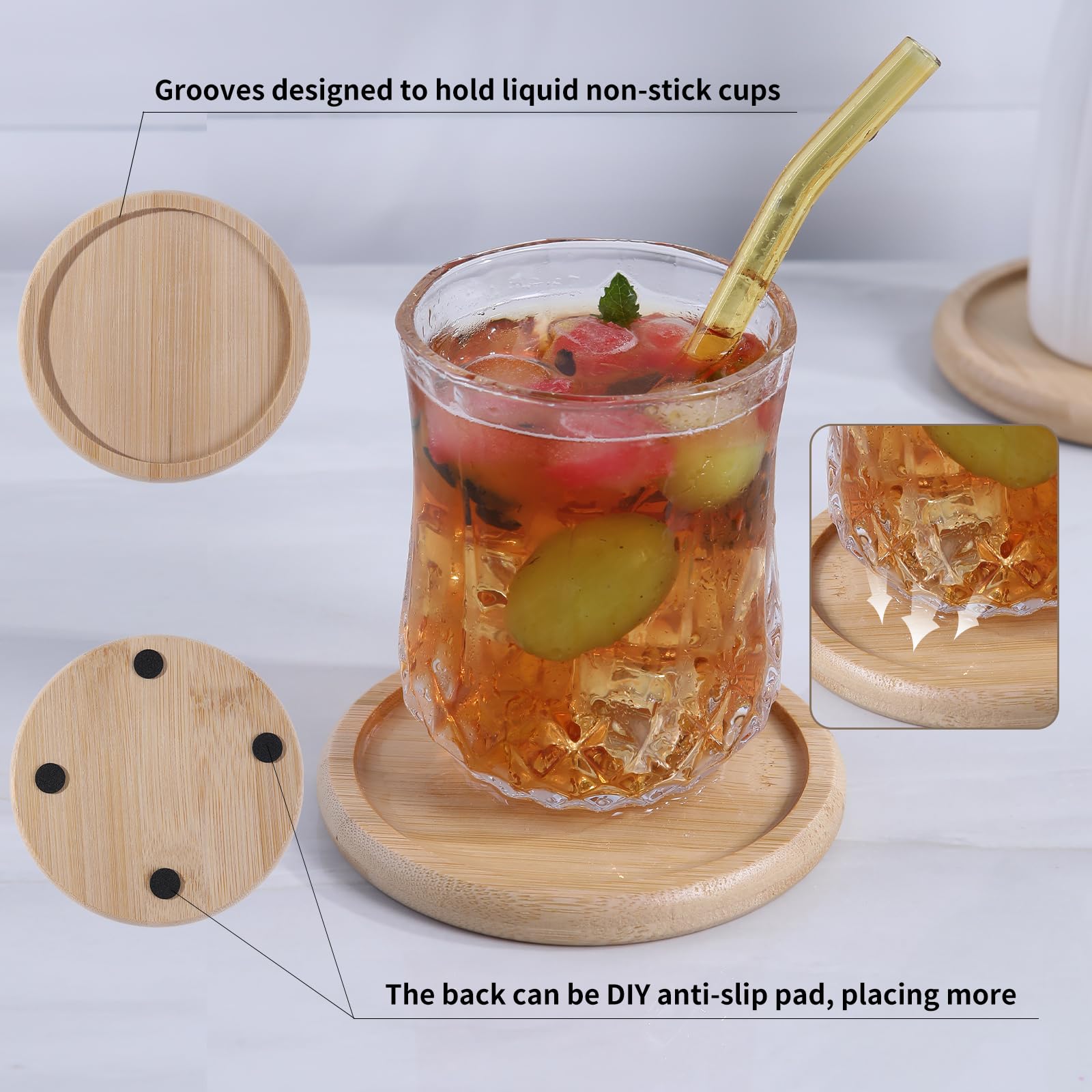 Posavasos de bambú para mesa de café, posavasos con soporte, posavasos calientes o fríos, juego de 4/8/12, 4 pulgadas, posavasos para bebidas, absorbentes, protección (12 piezas)