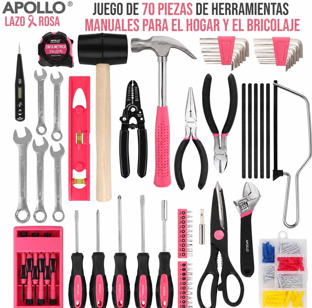 Hi-Spec Apollo Juego Completo de Herramientas para Hogar, Rosa | 170 piezas, maletín manual, para reparación, mantenimiento y bricolaje en oficina, taller y casa, uso diario