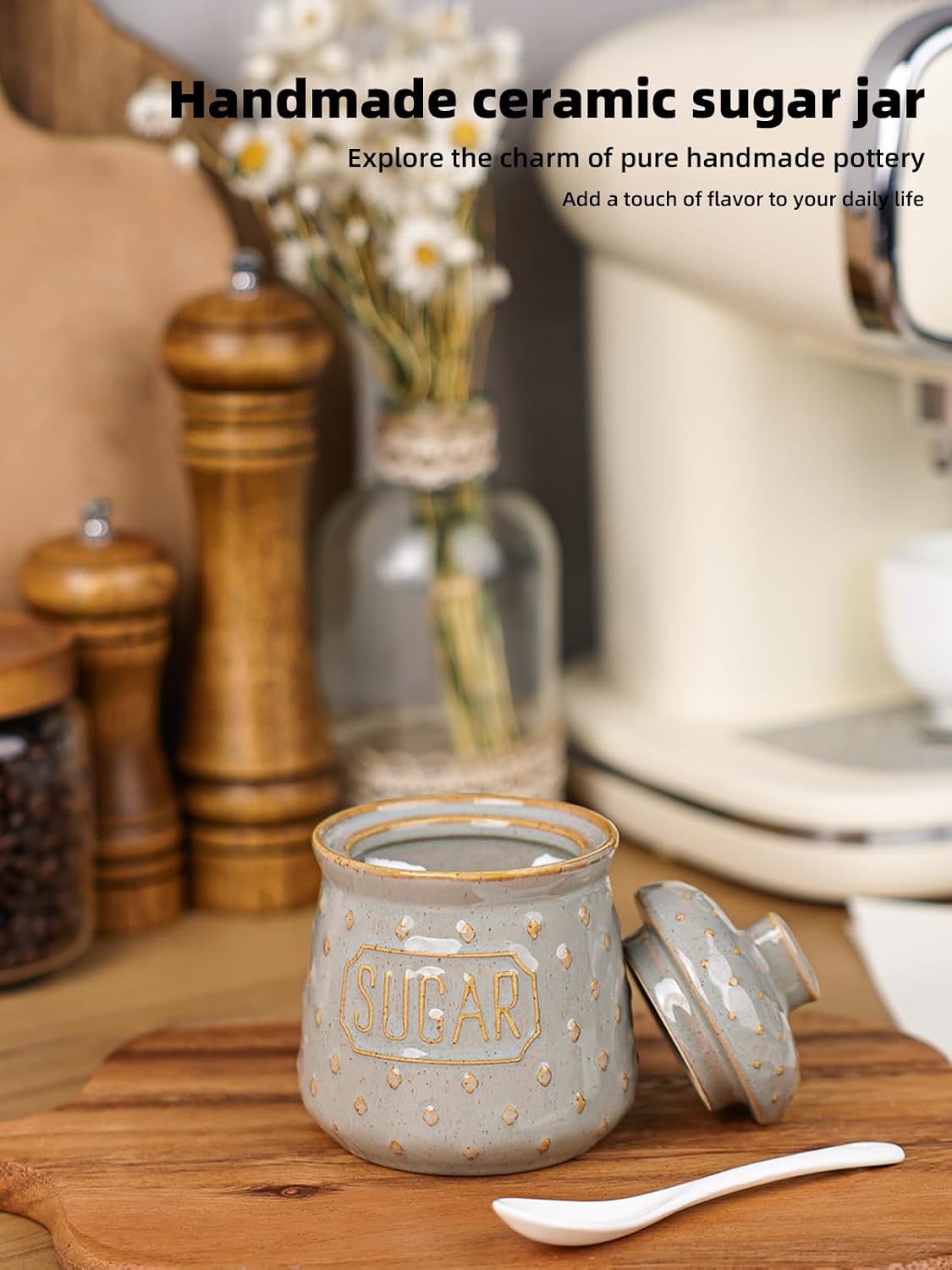 Ceramic Sugar Bowl with Lid and Spoon 10oz, Sugar Container (Vintage Grey)