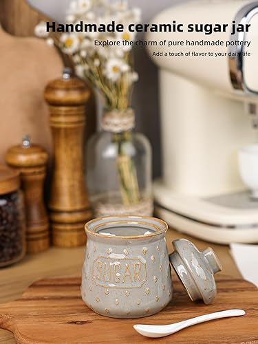 Miniatura 4 de Azucarero con tapa y cuchara, recipiente de cerámica de 10 onzas para accesorios de cocina, contenedores de almacenamiento de azúcar, decoración de