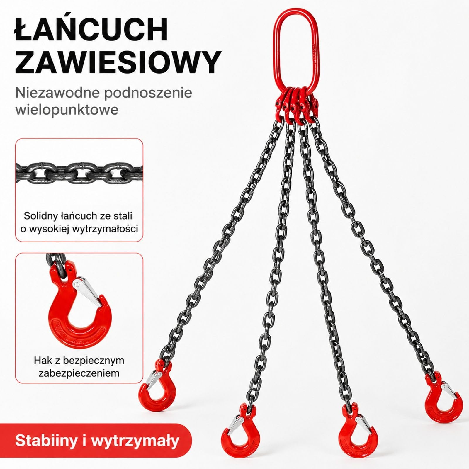 Czterocięgnowe zawiesie łańcuchowe ze stali stopowej z 4 czerwonymi hakami, do warsztatu, portu i budowy