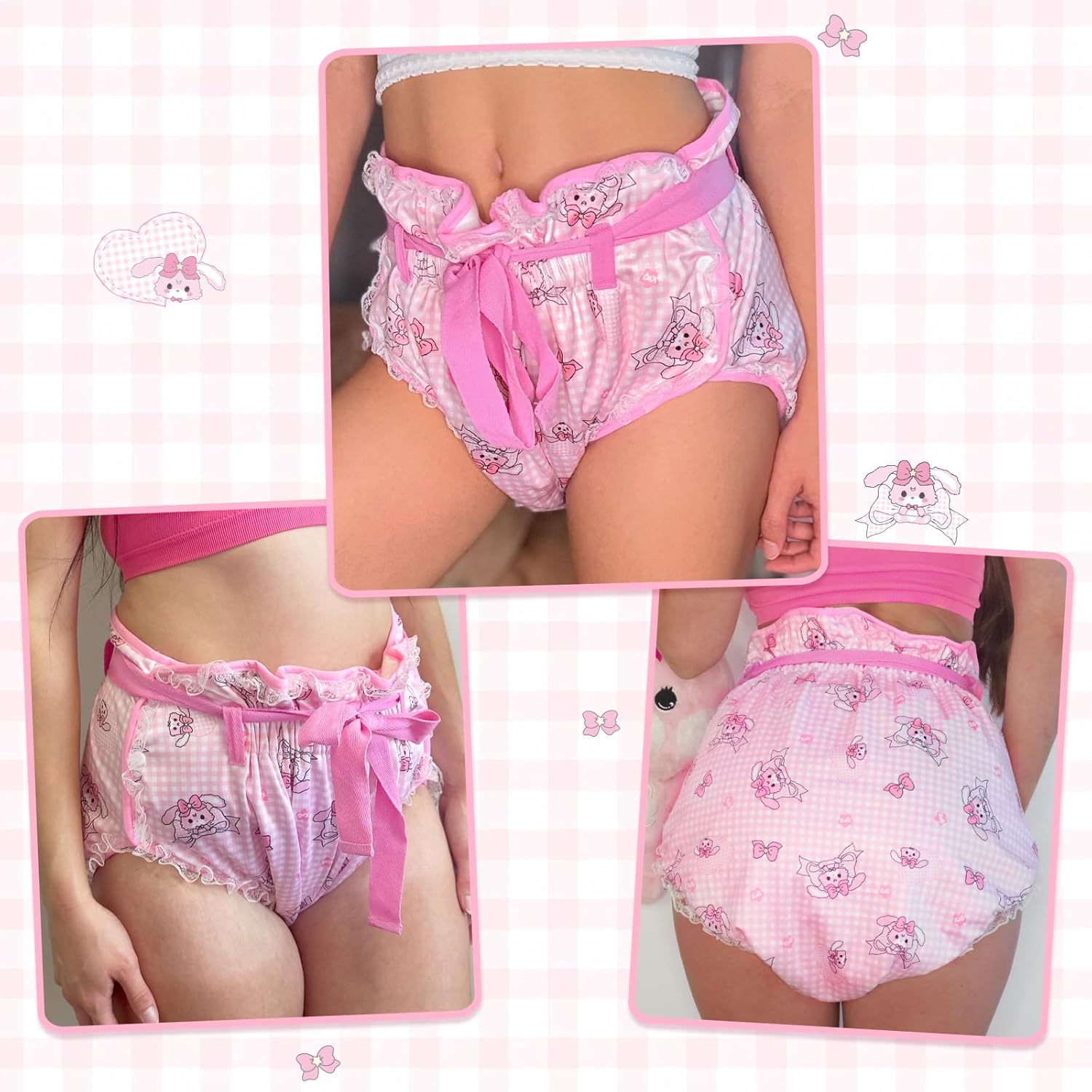 Littleforbig Silky Adult Ribbon Omutsu Diaper Wrap Cover Washable Adjustable Reusable Waterproof - Bunnies & Bows Usagi L - Image 2