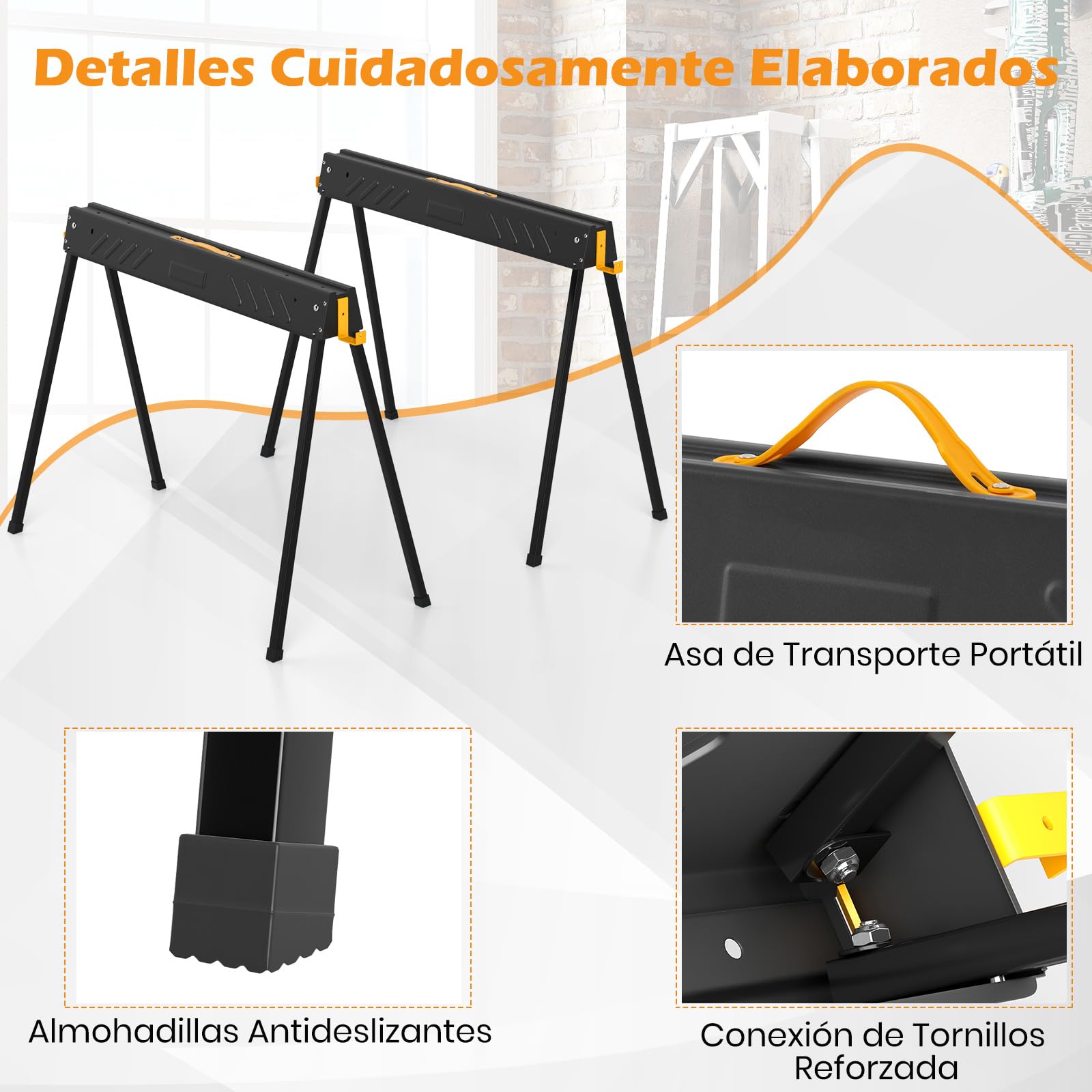 GOPLUS Set de 2 Caballetes de Aserrar Plegables, Caballete de Aserrar Plegable de Metal con Patas de Apoyo Plegables, Soporte de Apoyo con 4 Ganchos Extraíbles, Caballo de Batalla Ligero Portátil