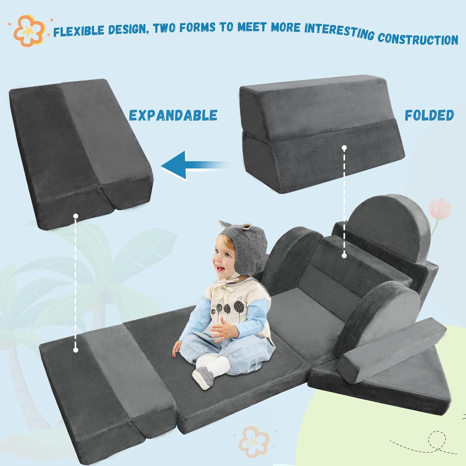 Kayfia 18PCS Modular Kids Play Couch, Kids Couch Building Fort for Playroom and Bedroom Furniture for Toddlers, Unlimited Creativity Sofa Convertible Play Fort (Grey)