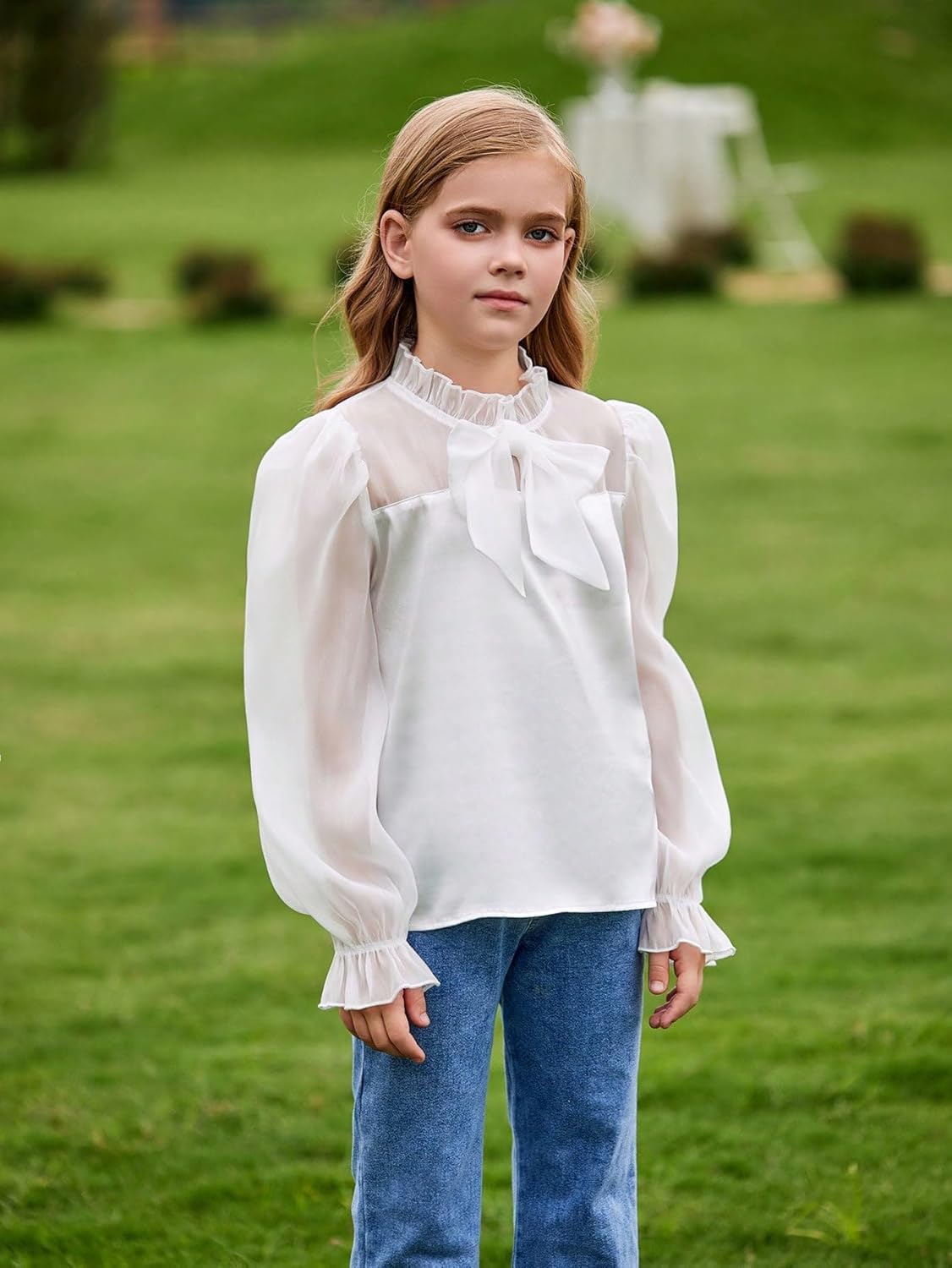 WDIRARA Girl's Contrast Mesh Bow Front Shirt Cute Mock Neck Long Flounce Sleeve Blouse Top - Image 5