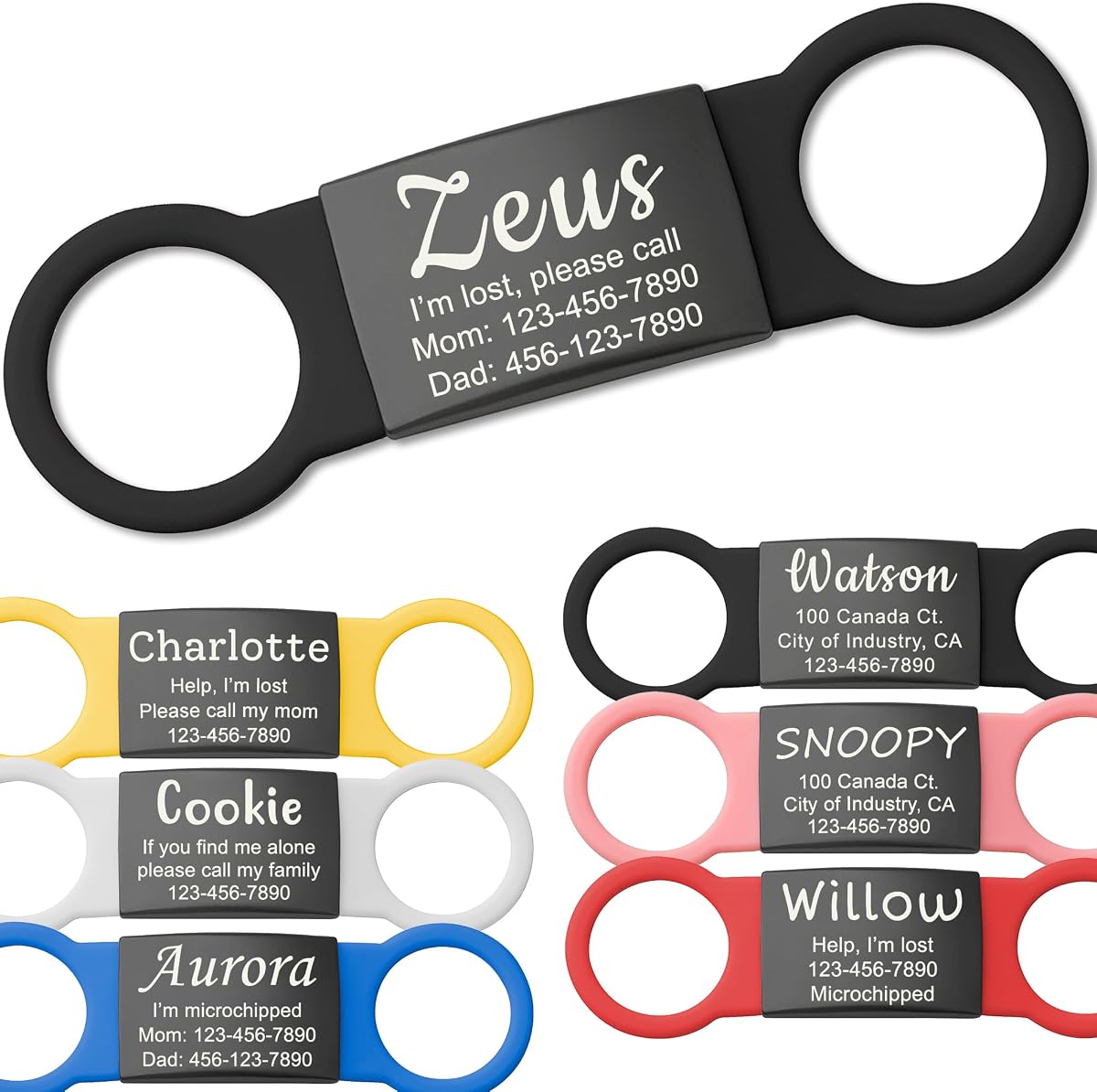 Slide On Silent Pet ID Tags, S/M/L/XL Personalized Black Stainless Steel Colored Silicone Cat Dog Name Tag, Customized Engraved Nameplate, Quiet Chew-Proof Pet Collar Tag (Black, Small)