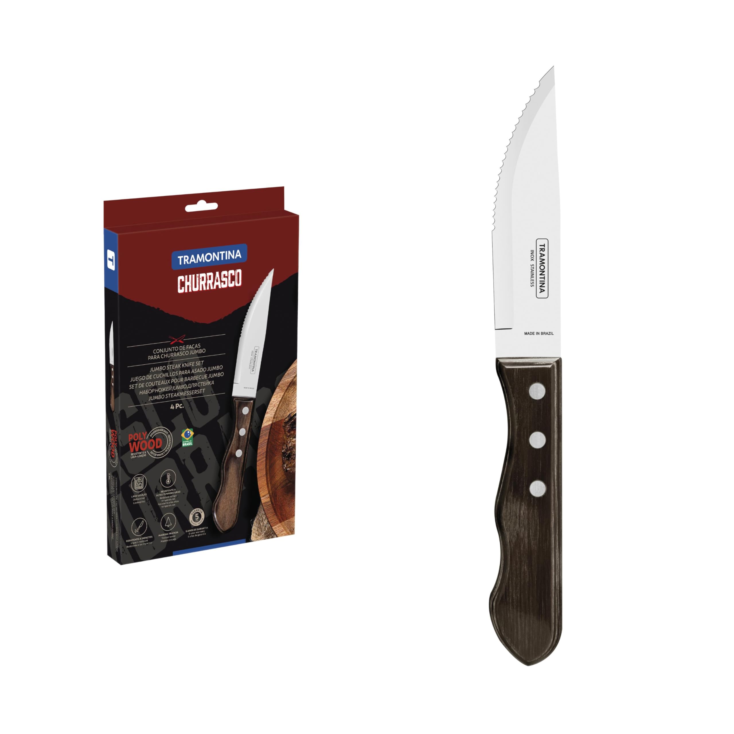 Tramontina Churrasco Coltelli da Bistecca Jumbo Acciaio Inossidabile e Legno Polywood Castagno 4 Pezzi